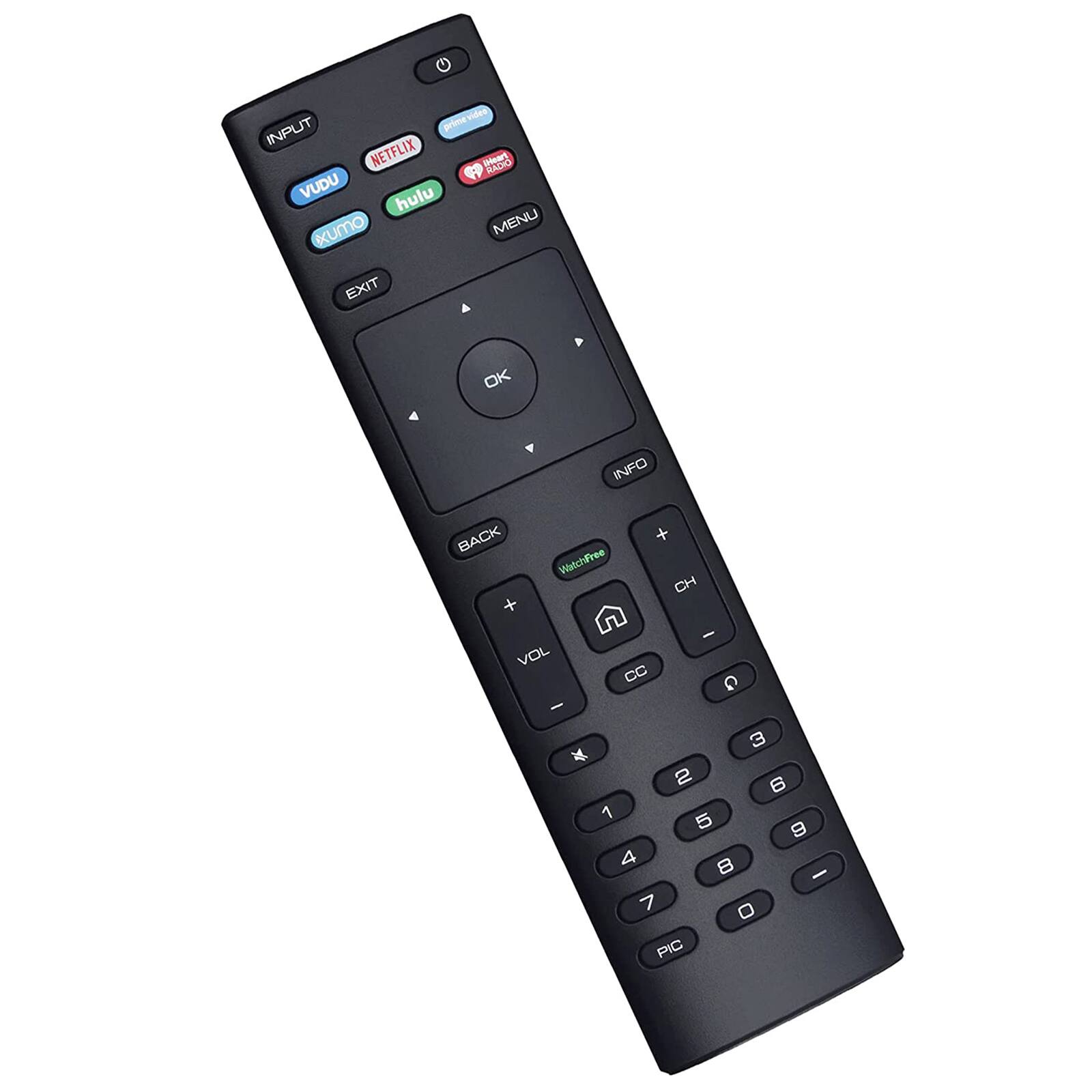 INPUT, NETFLIX, PRePG, VUDU, hulu, umo, MENU, EXIT, OK, INFO, BACK, WatchFree, CH, VOL, CC, 3, 4, 2, 6, 1, 5, 9, 8, 7, 0, PIC