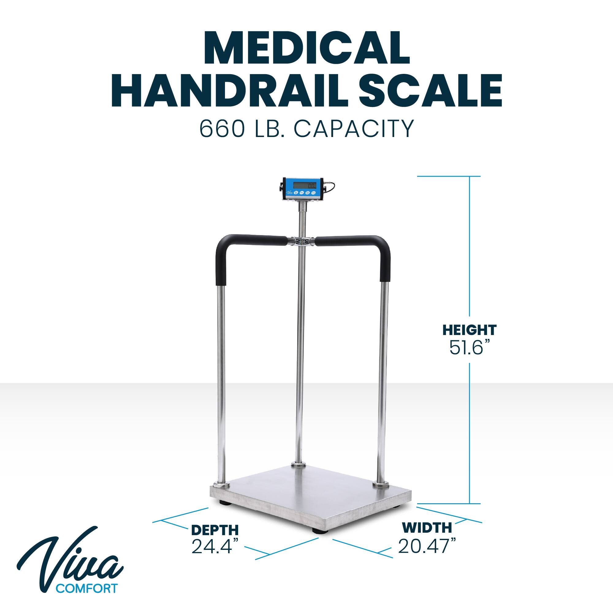 MEDICAL HANDRAIL SCALE 660 LB. CAPACITY HEIGHT 51.6" DEPTH 24.4" WIDTH 20.47" Viva COMFORT