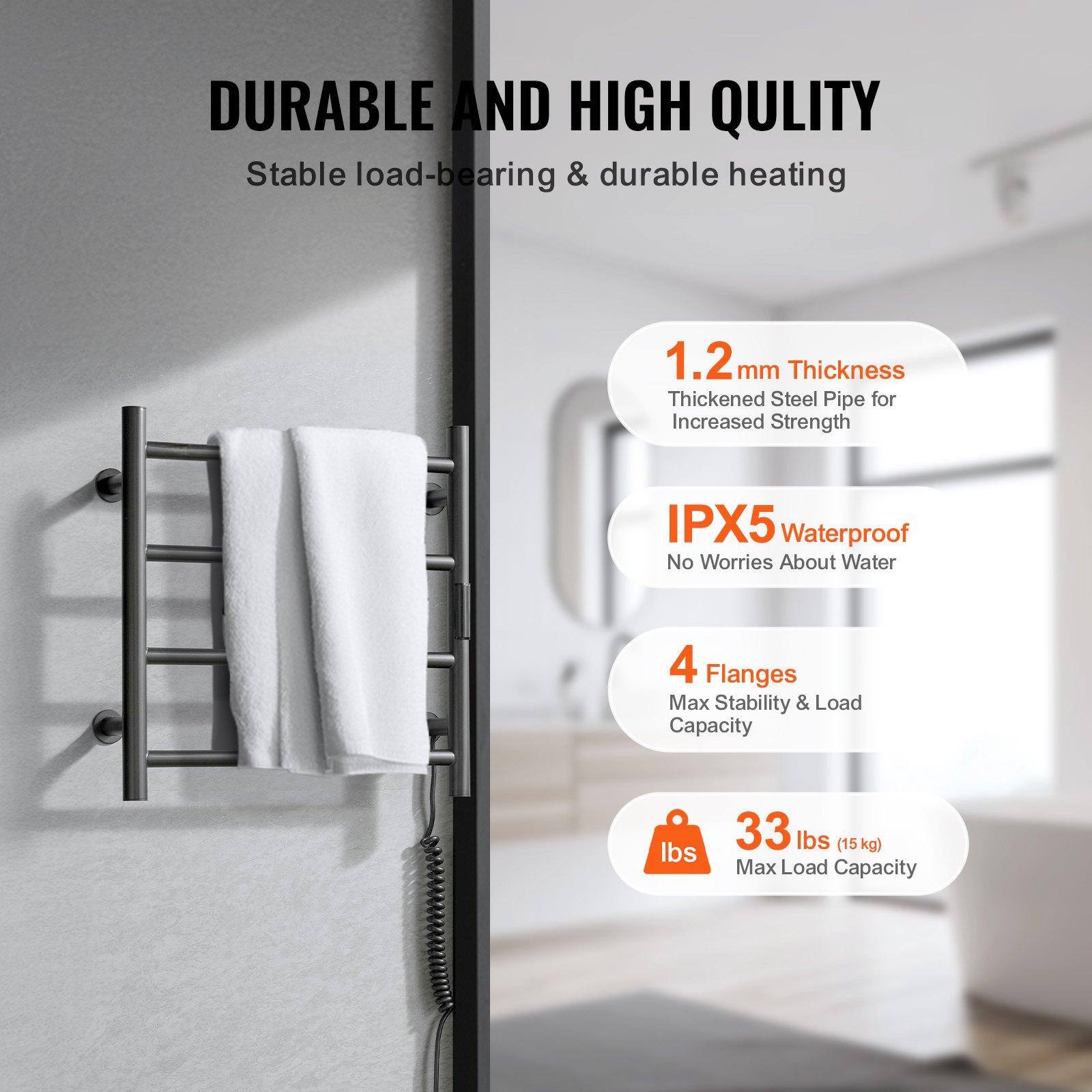 DURABLE AND HIGH QUALITY  
Stable load-bearing & durable heating  

1.2 mm Thickness  
Thickened Steel Pipe for Increased Strength  

IPX5 Waterproof  
No Worries About Water  

4 Flanges  
Max Stability & Load Capacity  

33 lbs (15 kg)  
Max Load Capacity