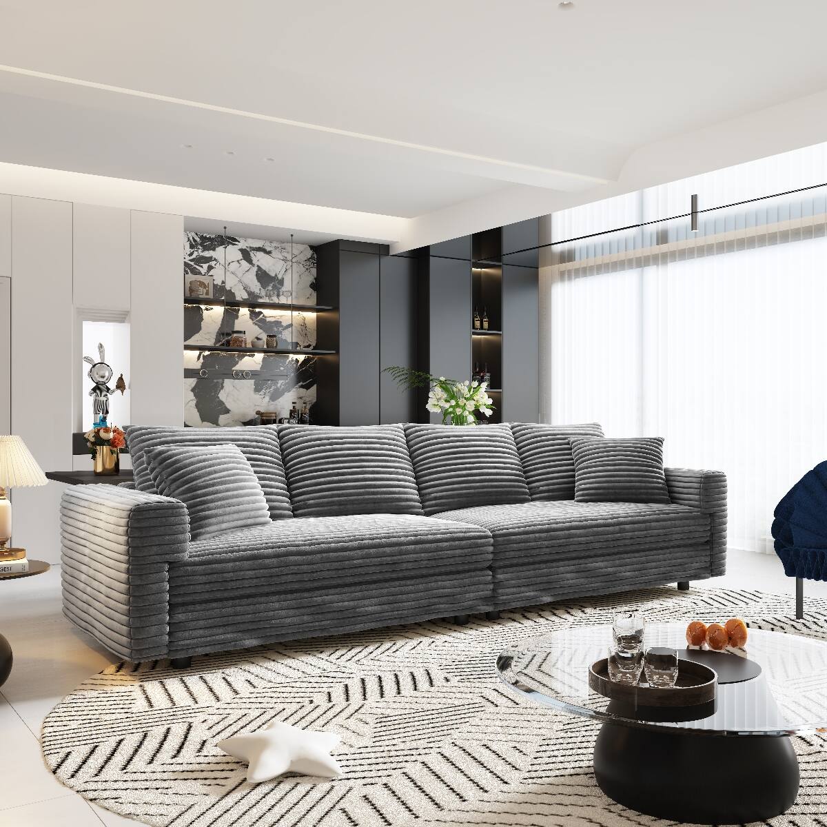 Front. Ropilly - Ropilly Grey Living Room Sofa, 4 Seat Corduroy Sofa with Deep Seat Upholstered Couch Design, 102.4 Inch - Grey.