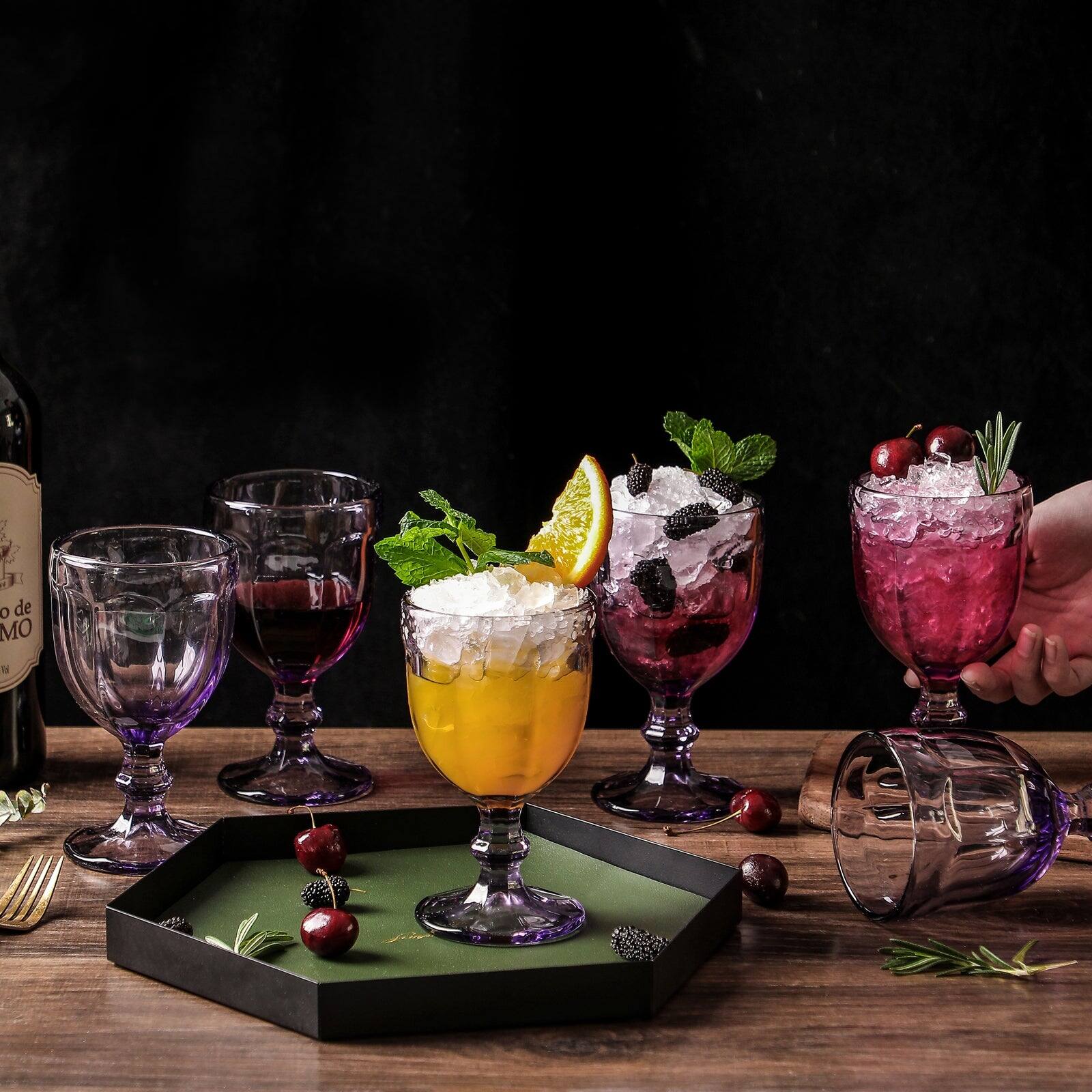 Back. BreeBe - Vintage Embossed Glass Goblet (10.2 oz. set of 6) - Purple.