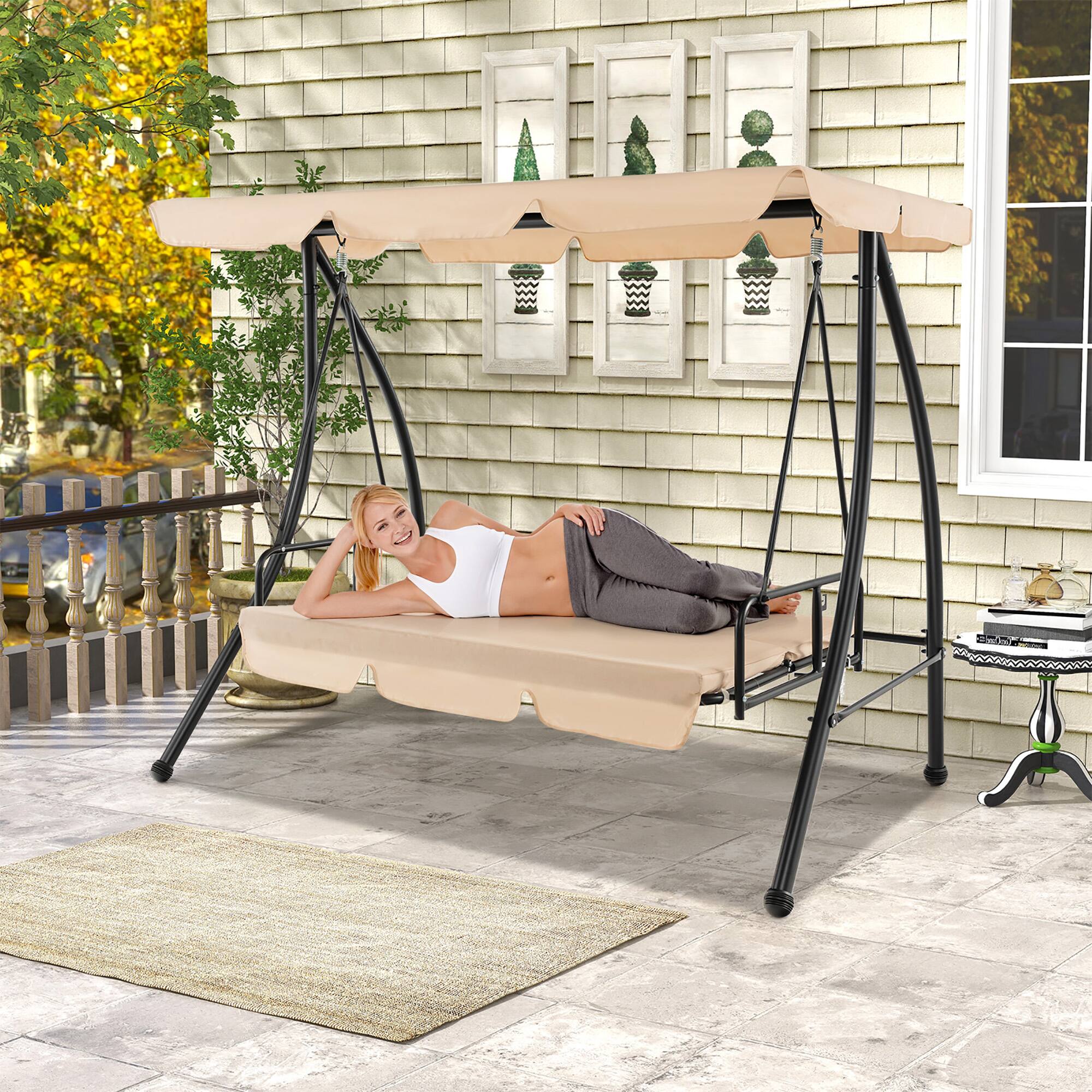 Alt View 4. Gymax - Gymax Outdoor Swing Chair Glider Patio Hammock Converting Flatbed w/ Adjustable Canopy - Beige.