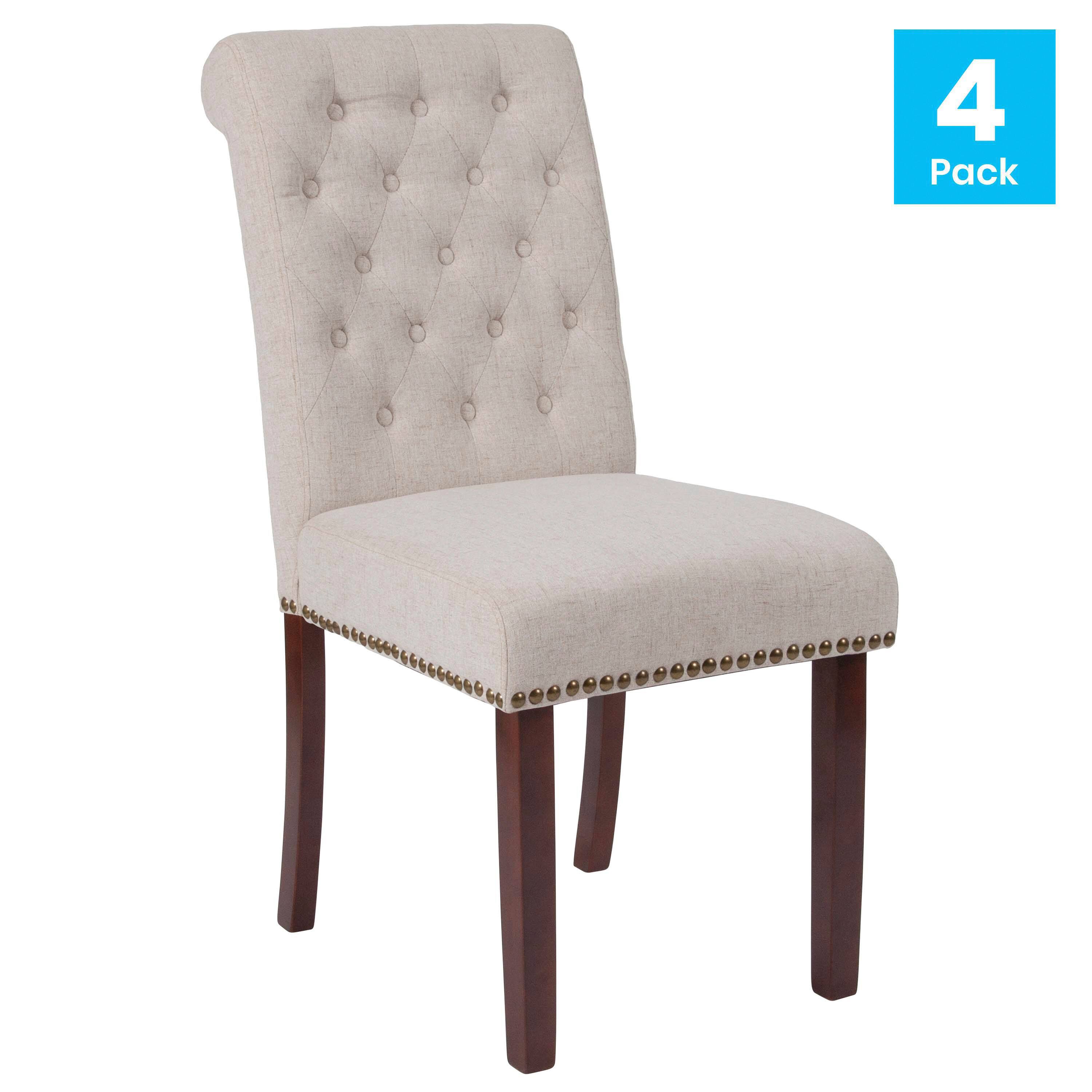 Alt View 2. Emma + Oliver - Upholstered Rolled Back Parsons Chair with Nailhead Trim & Finished Frame with Plastic Floor Glides - Beige Fabric.