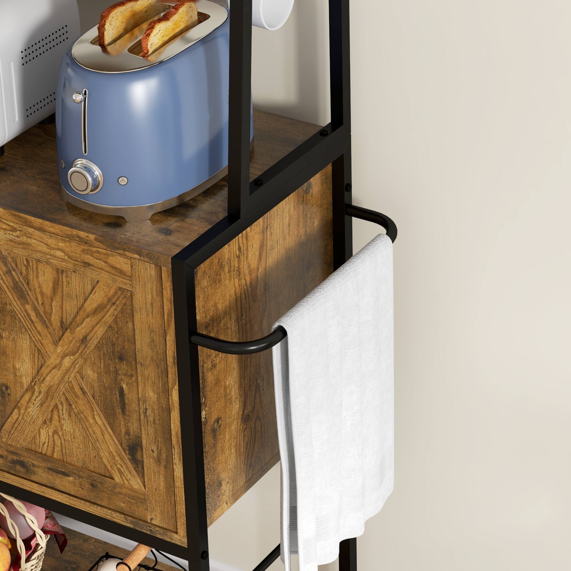 Alt View 5. Homcom - Baker's Rack with Power Outlet and LED Lights, Coffee Bar Cabinet with Storage Shelves, Industrial Microwave Stand.