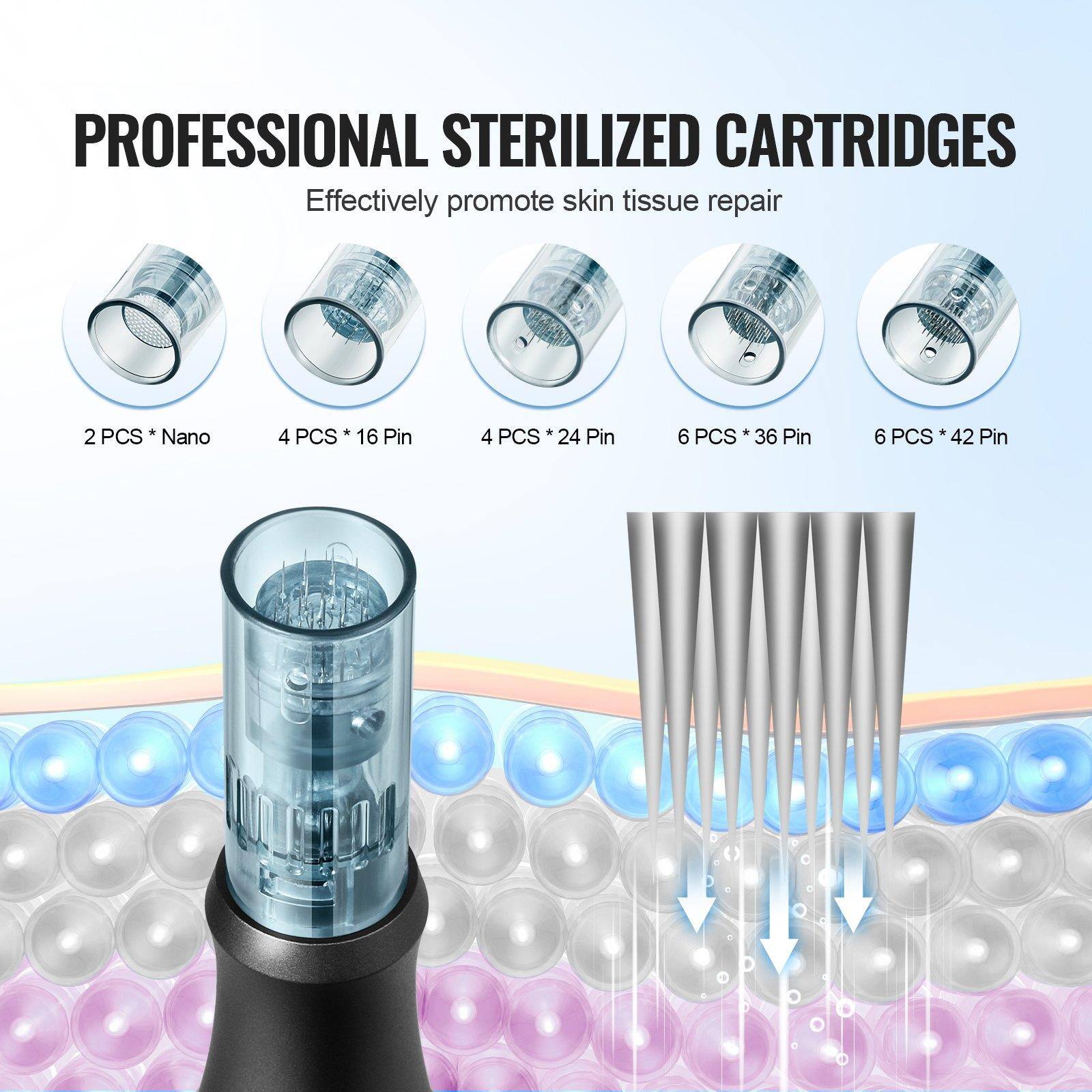 PROFESSIONAL STERILIZED CARTRIDGES  
Effectively promote skin tissue repair  

2 PCS * Nano  
4 PCS * 16 Pin  
4 PCS * 24 Pin  
6 PCS * 36 Pin  
6 PCS * 42 Pin