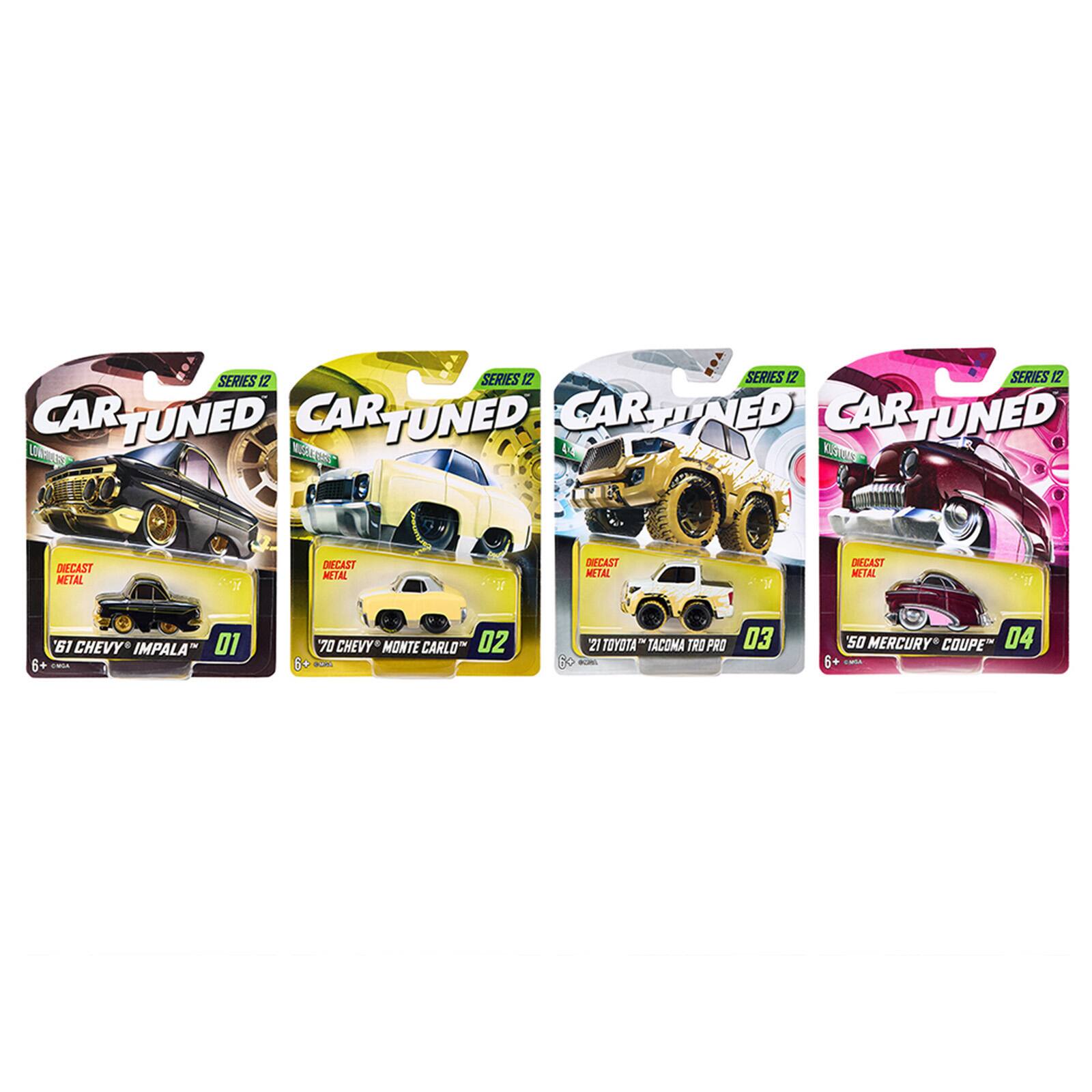 SERIES 12 SERIES 12 SERIES 12 SERIES 12 CAR TUNED CAR, TUNED CAR THINED CAR TUNED LOWRIVERS MUSERVARIA KUSTORS

DIECAST METAL
DIECAST METAL
10
DIECAST METAL
DIECAST METAL

61 CHEVY IMPALA 01 6+
70 CHEVY MONTE CARLO 02
21 TOYOTA TACOMA TRO PRO 03 0%
'50 MERCURY COUPE 04 6+
