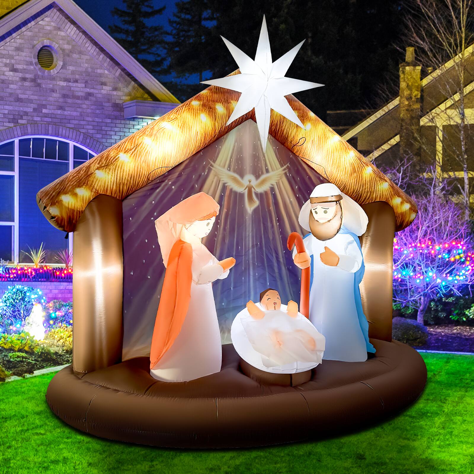 Back. GOOSH Inflatables - GOOSH 7.5FT Nativity Scene Inflatable with LED Lights for Outdoor Christmas Yard Display - Brown.
