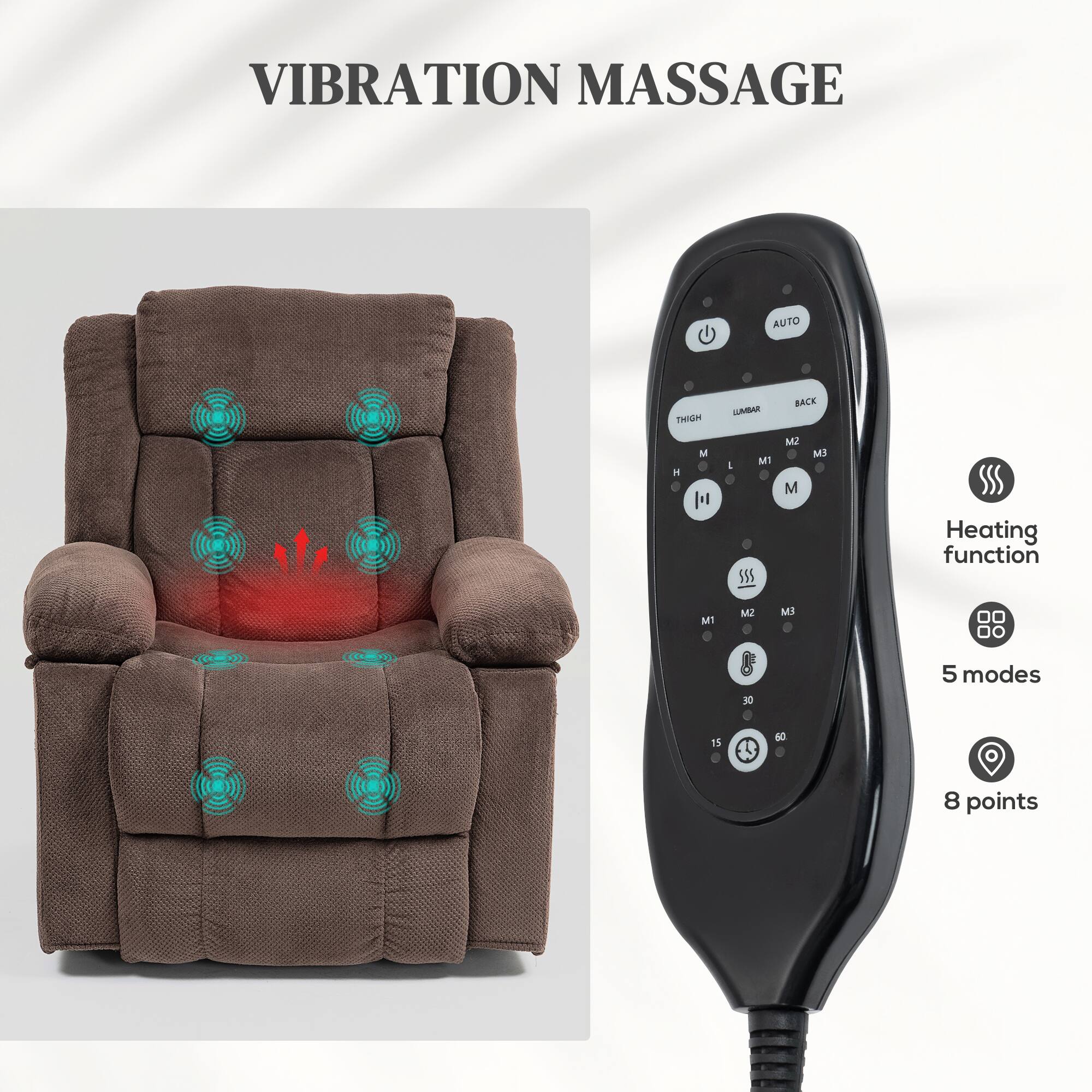 VIBRATION MASSAGE AUTO THIGH LUMBAR BACK . M1 M2 M3 M EM 5 modes 15 30 60 8 points Heating function
