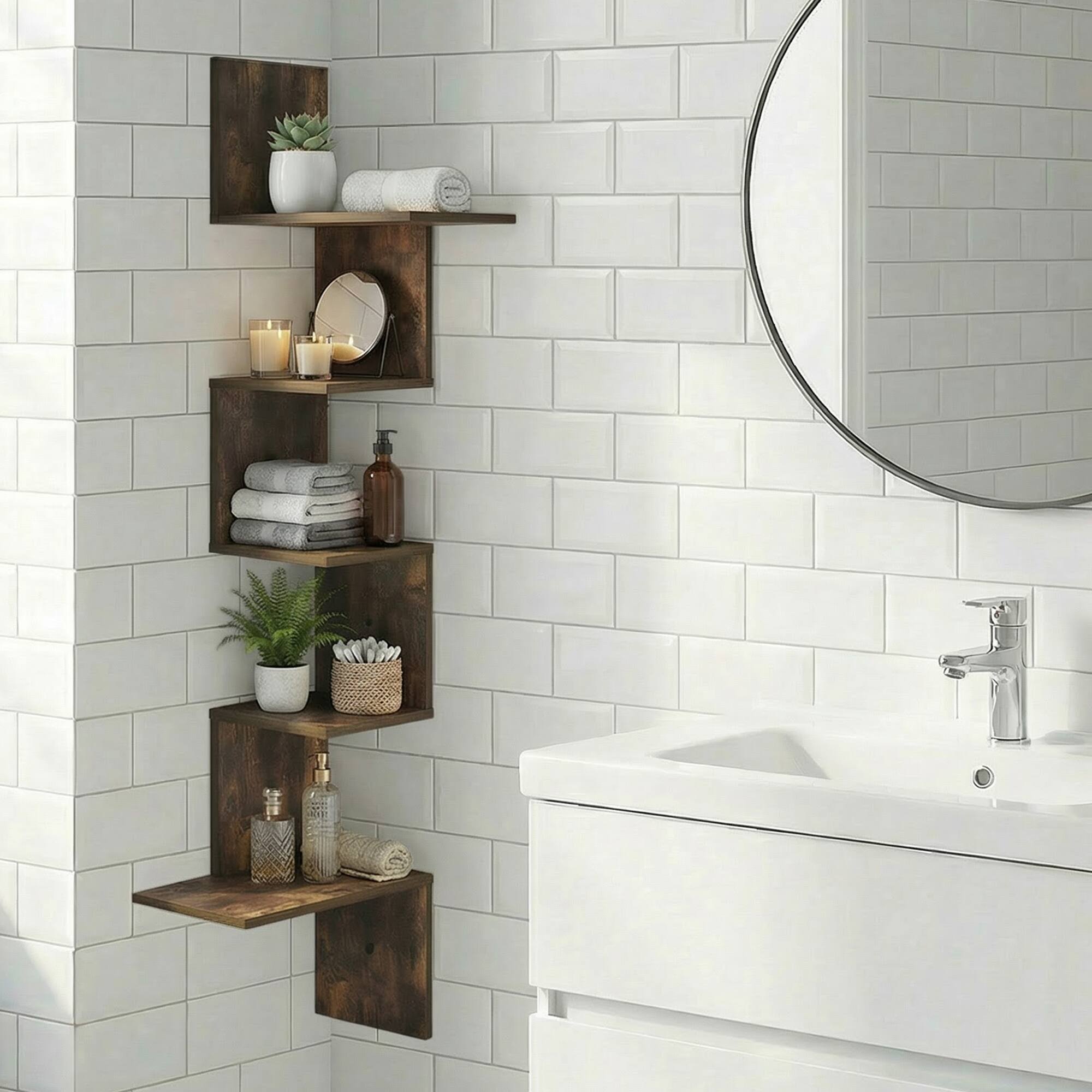 Alt View 1. Furinno - ROSSI Corner Floating Shelves for Wall, Corner Rectangular Wall Shelf, S-shape Radial Floating Book Shelf, Easy Assembly - Amber Pine.