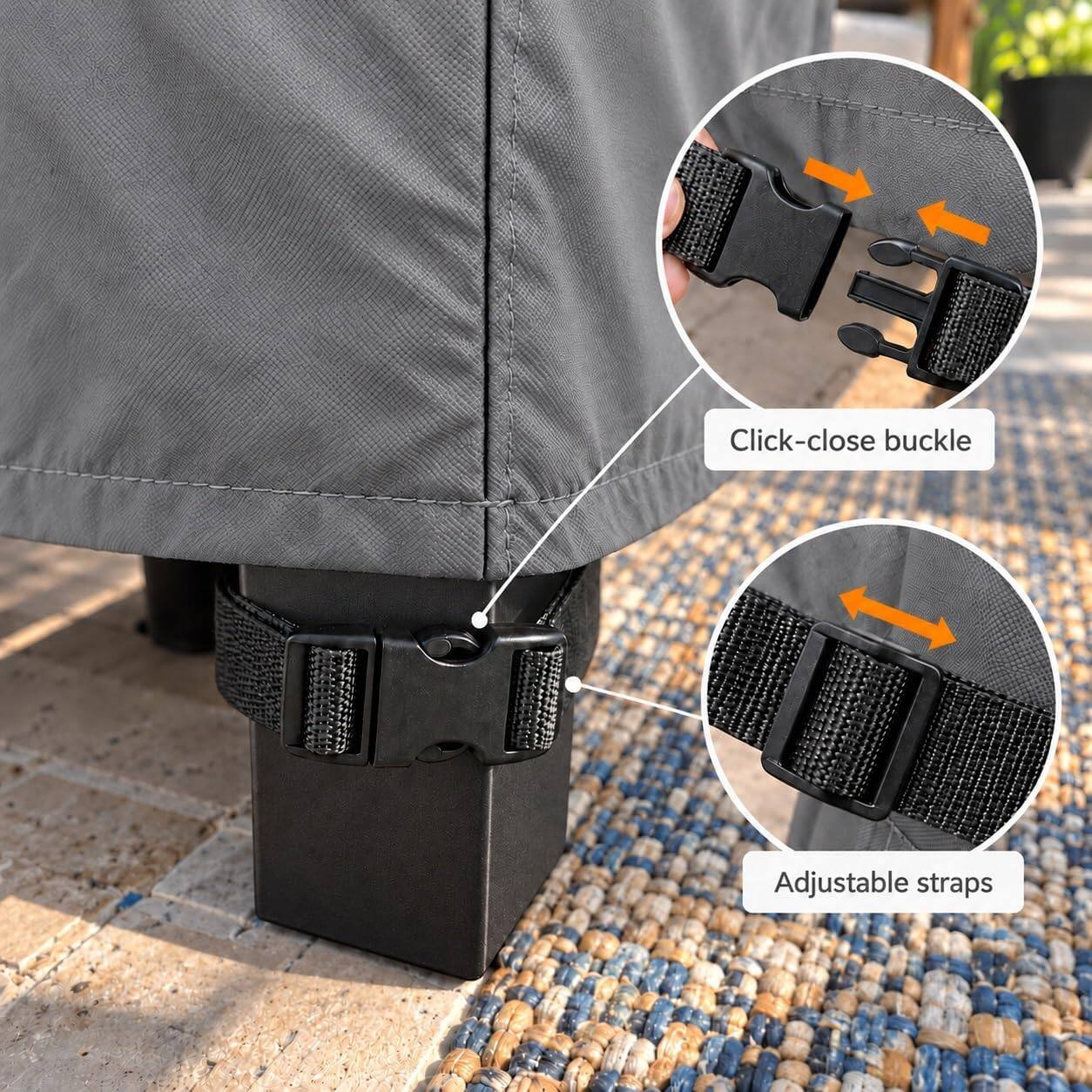 Click-close buckle  
Adjustable straps