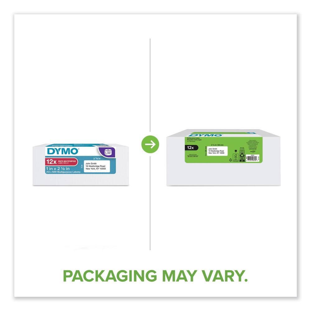 DYMO | LW  
12x  
1 in x 2 1/2 in  
12 x 500 Multi-purpose Labels  
John Smith  
18 Weetbridge Road  
New York, NY 10008  

PACKAGING MAY VARY.