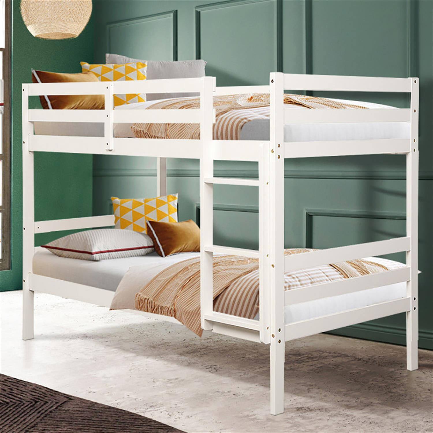 Back. Pefilos - Twin Size Over Wood Bunk Bed with Ladder and Safety Rail, Twin Sturdy Bunk Beds - White.
