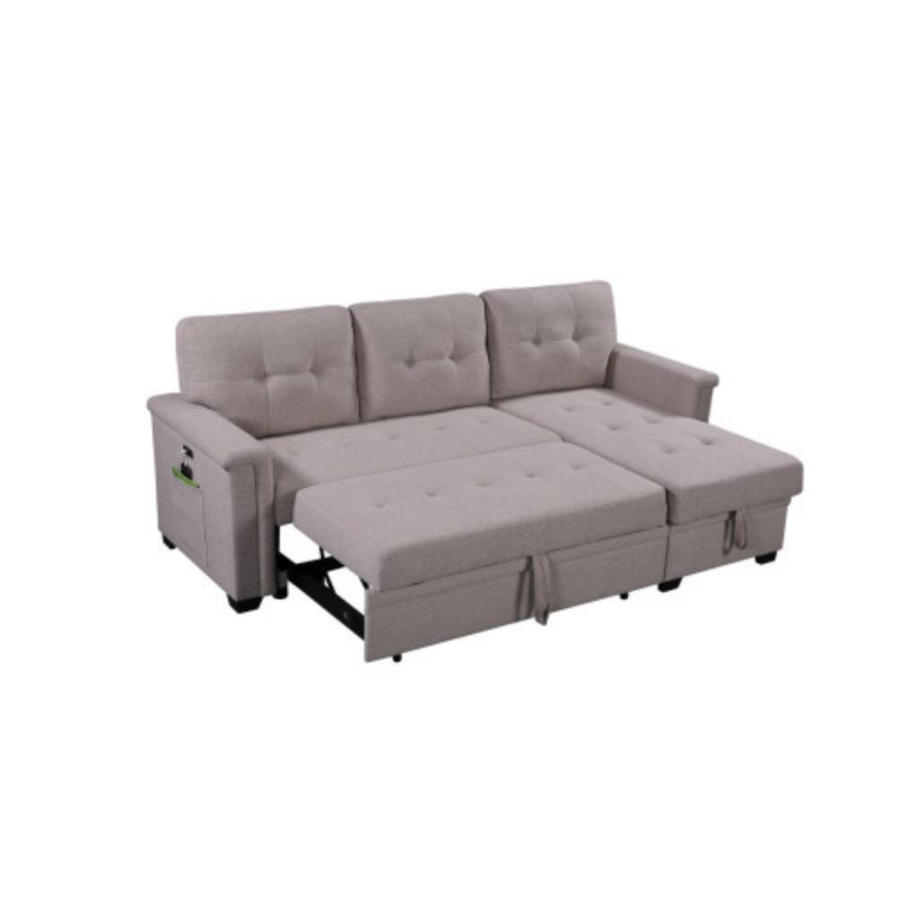 Back. LUCKY ONE - 84" Light Gray Reversible Sleeper Sectional Sofa with Storage Chaise, USB Charging Ports, Side Pocket, Pull-Out Bed - Light Gray.