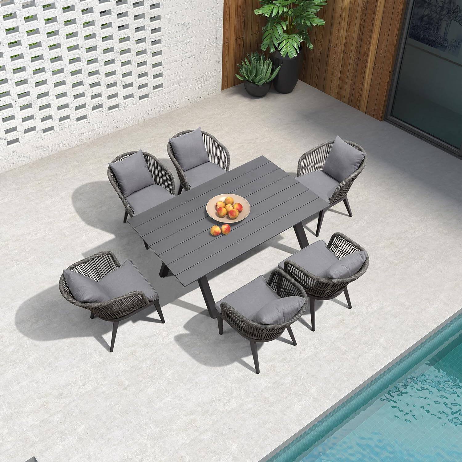 PURPLE LEAF - 7/9/11 Pieces Patio Dining Set Wicker Outdoor Furniture Table and Chairs Set for Garden Grey-Finish Aluminum Frame Set - Grey-Rectangular-7 Pcs price history on PriceWatchPro