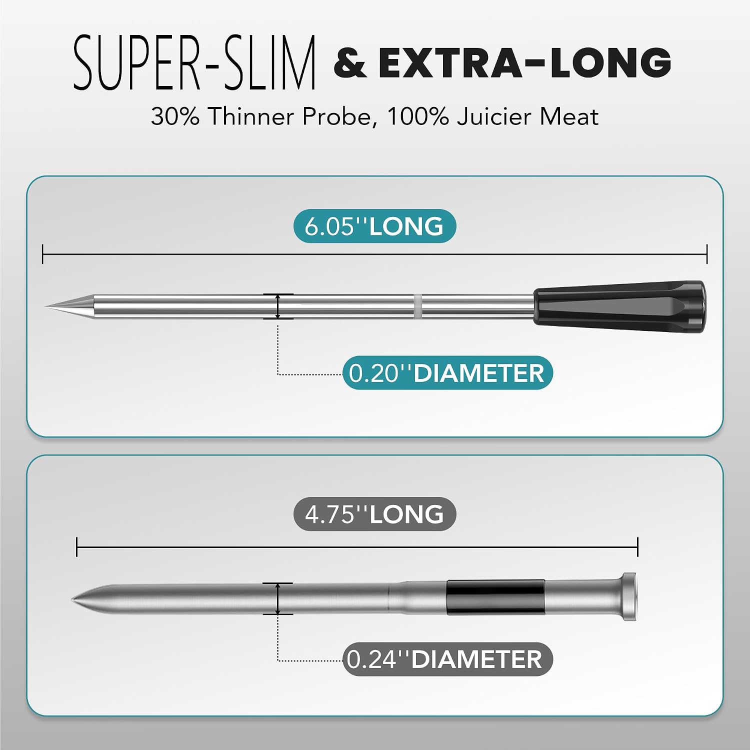 SUPER-SLIM & EXTRA-LONG  
30% Thinner Probe, 100% Juicier Meat  
6.05" LONG  
0.20" DIAMETER  
4.75" LONG  
0.24" DIAMETER