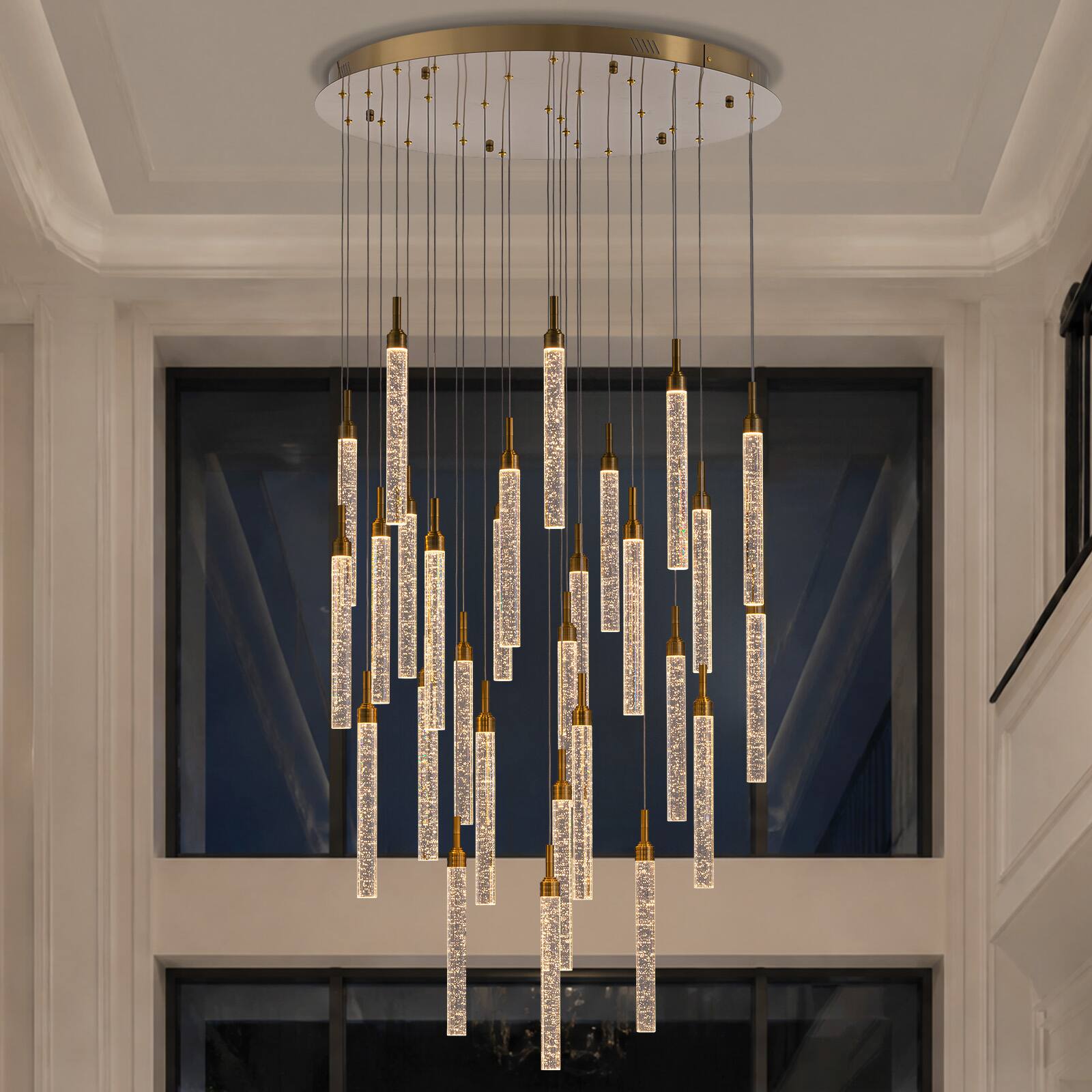 Angle. Siljoy - 31.5-In Gold Bubble Glass Chandelier 28‑Light Adjustable Staircase Pendant Light for High Ceilings Foyer Living Room - Gold.