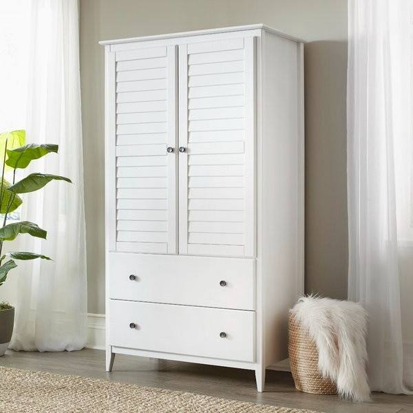 Back. Hivvago - FarmHome Louvered Distressed White Solid Pine Armoire - White.