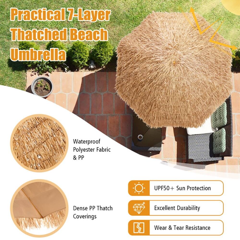 Practical 7-Layer Thatched Beach Umbrella

- Waterproof Polyester Fabric & PP
- Dense PP Thatch Coverings
- UPF50+ Sun Protection
- Excellent Durability
- Wear & Tear Resistance