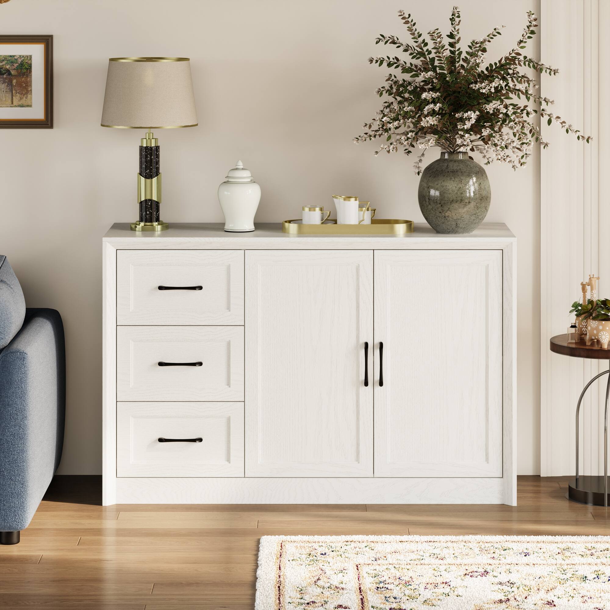 Front. FUFU&GAGA - Multi-Purpose Storage Cabinet for Living Room with Drawers & Shelves, Modern Display and Organization Unit - White.