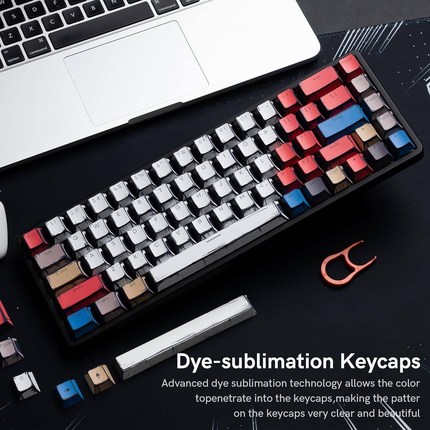 N F D S C x Z - command option V H 3 command N POUSe EIC 4S 3 g 2 2@ E 1! W Q S Tab A Caps Z Shift Win 5 % R D x Alt d T F C 7 & Y G 8 U H 9 I J 0) O M P L < [] > 11 E ? tn \ 1 Enter Shift Ctrt Da PqUo gDn gUp Dye-sublimation Keycaps Advanced dye sublimation technology allows the color to penetrate into the keycaps, making the pattern on the keycaps very clear and beautiful