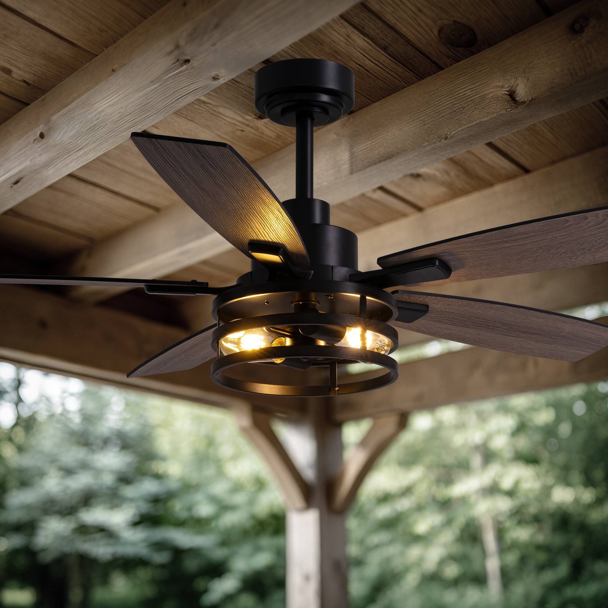 Alt View 6. Siljoy - 52 Inch Black Caged Farmhouse Ceiling Fan with Lights & Remote for Bedroom, Living Room & Patio Indoor/Outdoor - Black.