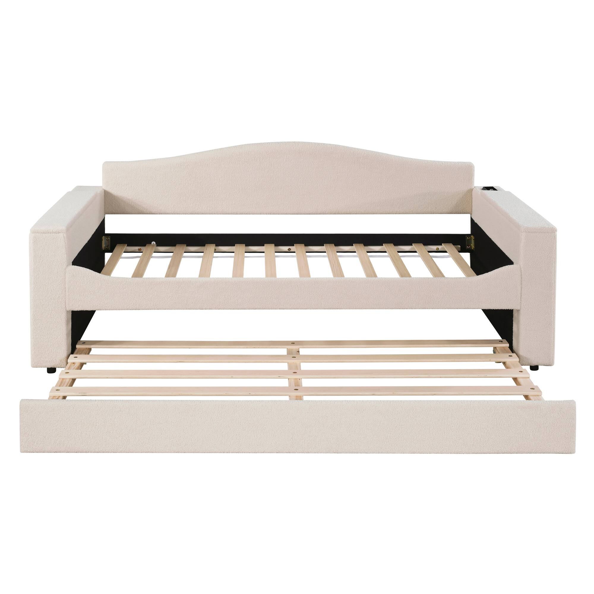 Alt View 2. Tiramisubest - Twin Size Upholstered Daybed with Storage Armrests, Trundle and Latest Integrated Bluetooth Audio System, Teddy Fleece - Beige.