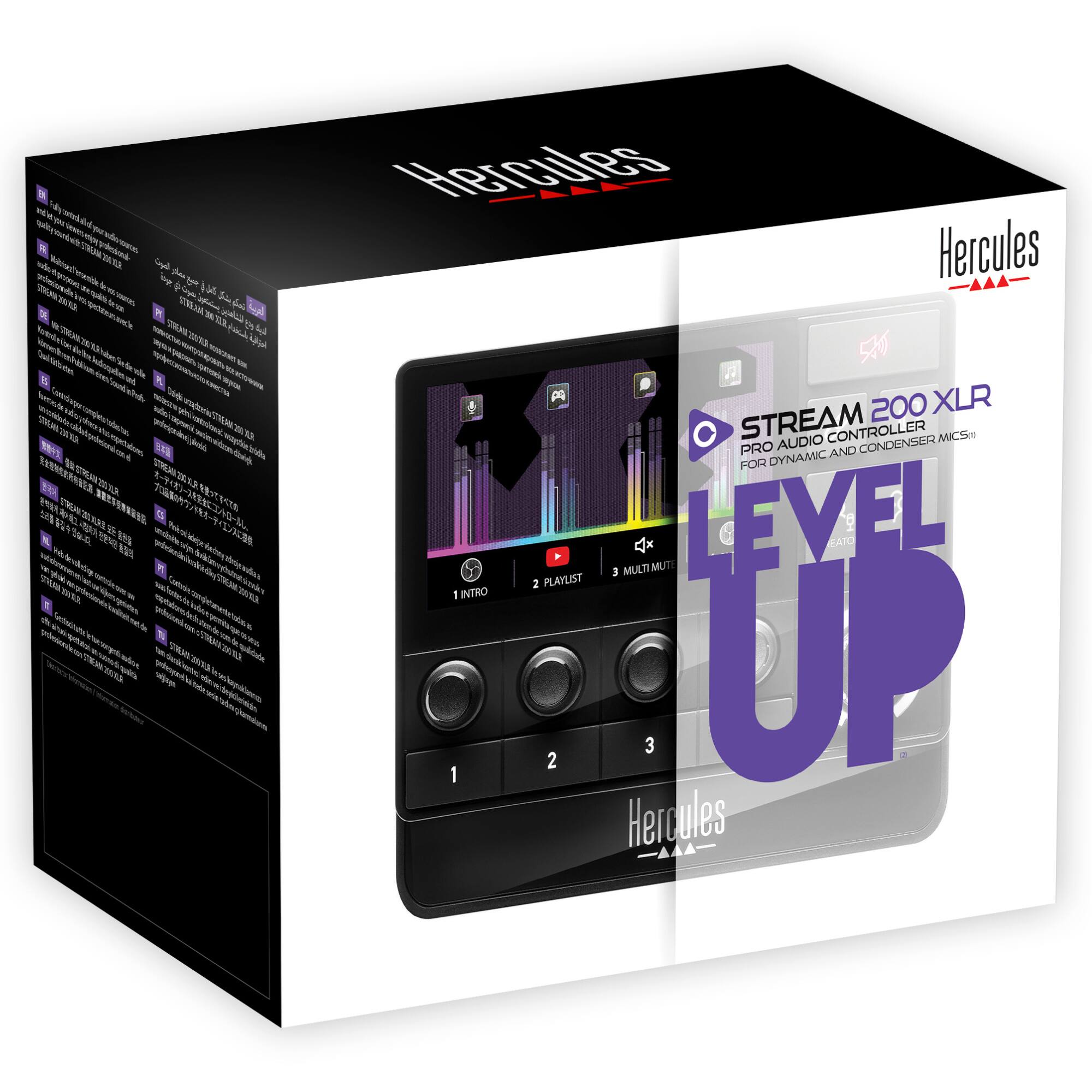 The text on the image reads:
"Hercules Stream 200 XLR Audio Controller for condenser mics, pro and for dynamic mics, 2 playlist, 3 multi-muting level up, Hercules."