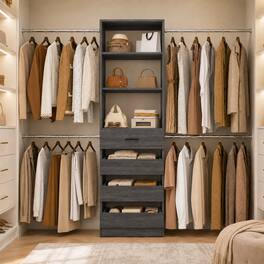 Aheaplus - 4-9FT Adjustable Wooden Closet Organizer, 4 Drawers & 4 Hanging Rods, Heavy Duty Walk-in Wardrobe System - Gray Oak