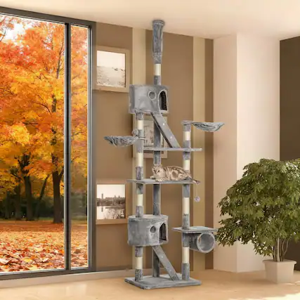 Front. Siljoy - Height Adjustable Floor-to-Ceiling Cat Tree, 94.5-102.4" Tension Rod Tower with Tube, Condos & Dual Hammocks.