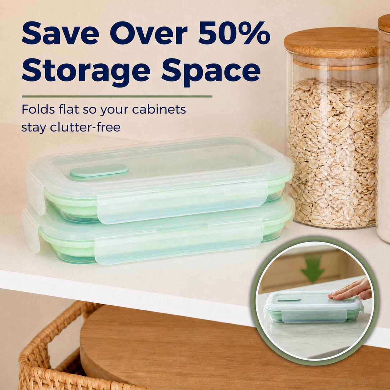 Save Over 50% Storage Space  
Folds flat so your cabinets stay clutter-free