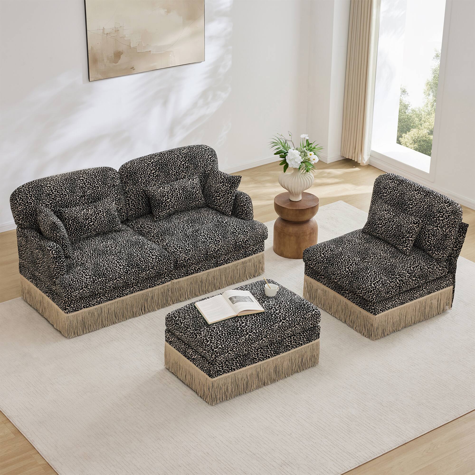 Back. Anysun - Modern Fashion Style L-Shaped Chenille Leopard Print Sofa with Movable Ottoman & Tassel Edge, Easy Assembly, Deep Seat - khaki.