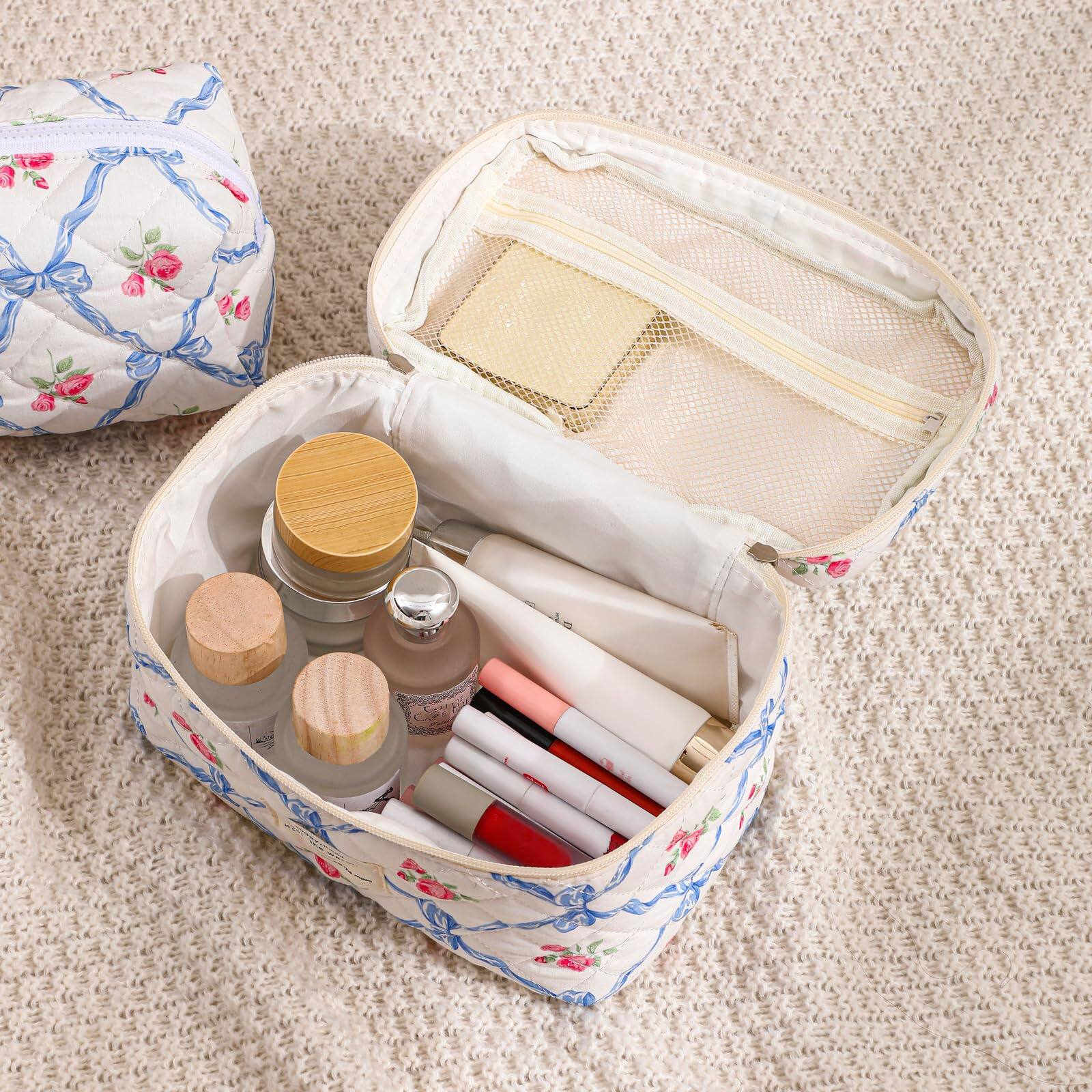 Alt View 2. Fabibe - Large Quilted Makeup Bag For Women And  Cute Coquette Floral Cotton Aesthetic Travel Organized Toiletry Bags (01pink Bow - 11PinkRose.