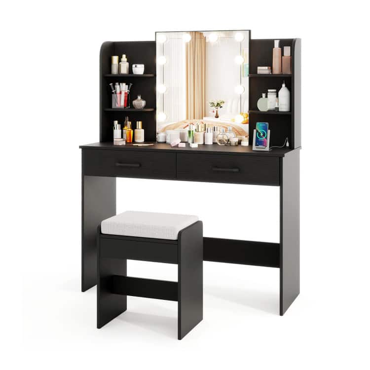SlickBlue - Vanity Set with Lighted Mirror, Comfortable Stool, and Power Outlet - Black