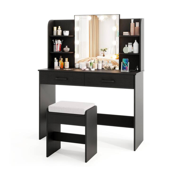 SlickBlue - Vanity Set with Lighted Mirror, Comfortable Stool, and Power Outlet - Black