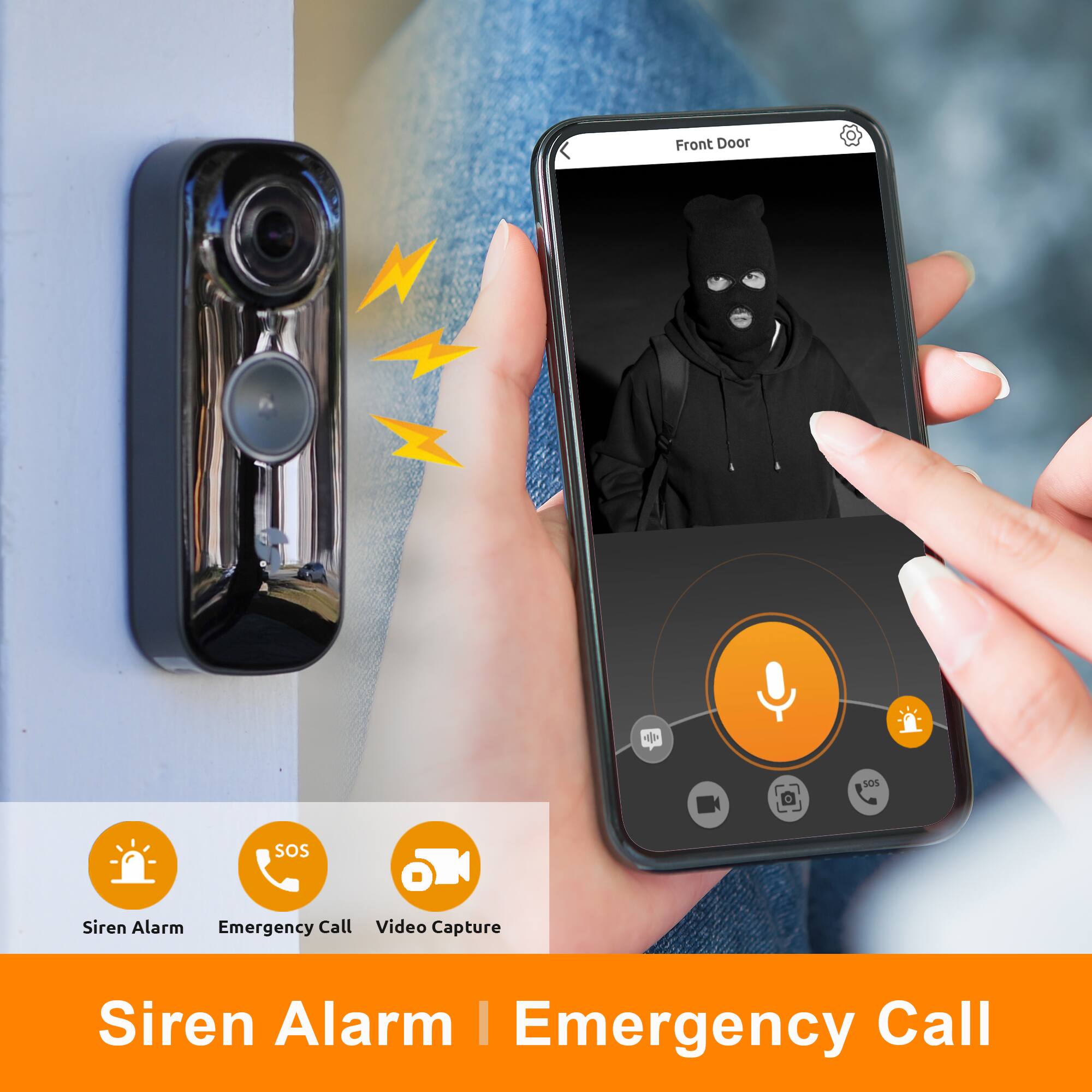 Front Door  
SOS  
Siren Alarm  
Emergency Call  
Video Capture  
Siren Alarm | Emergency Call