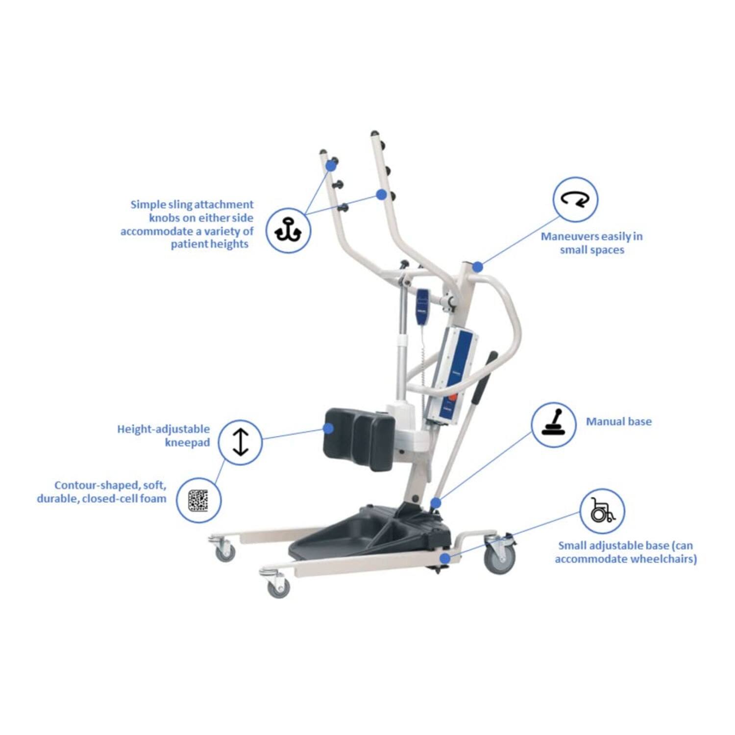 - Simple sling attachment knobs on either side accommodate a variety of patient heights
- Maneuvers easily in small spaces
- Height-adjustable kneepad
- Contour-shaped, soft, durable, closed-cell foam
- Manual base
- Small adjustable base (can accommodate wheelchairs)