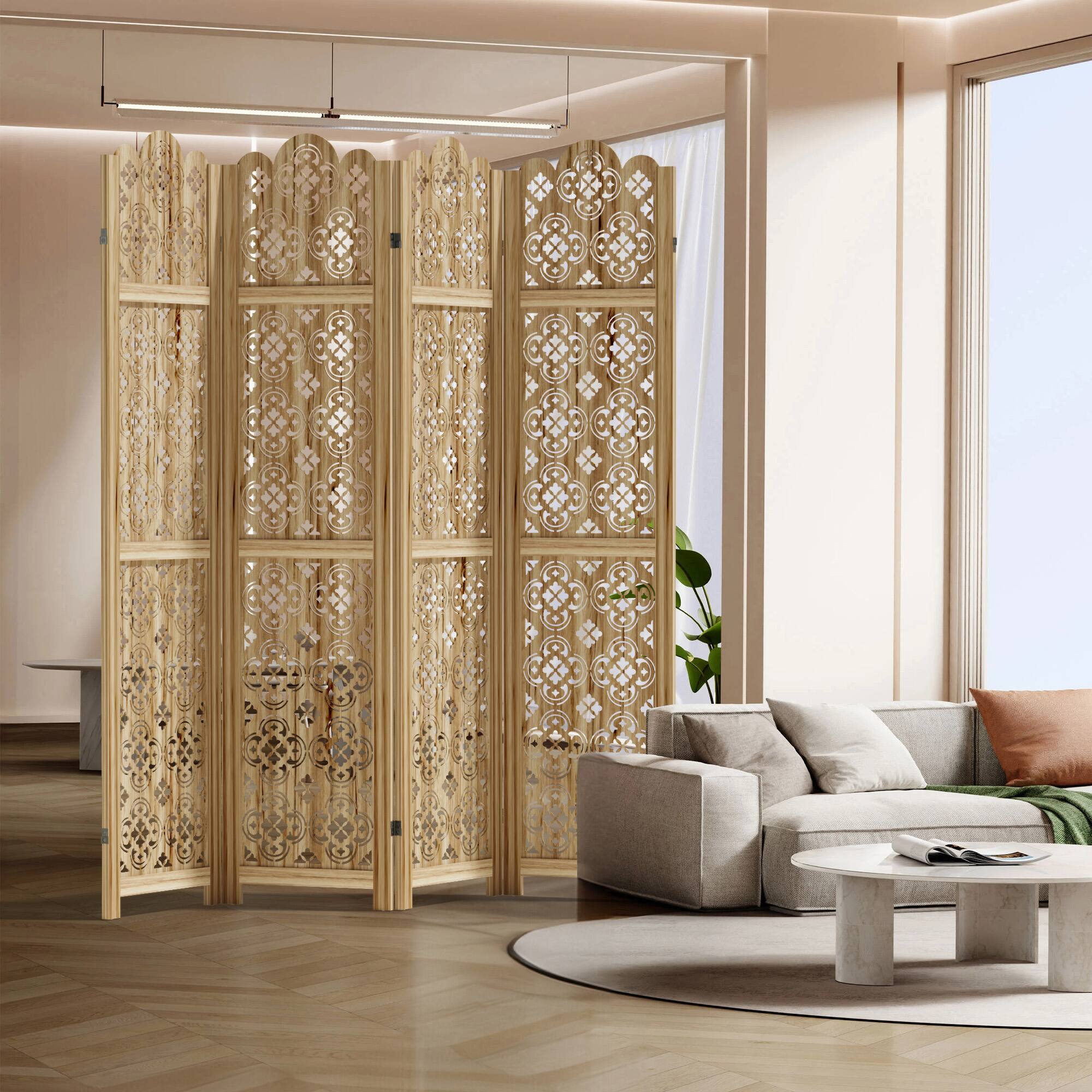 Left. PexFix - Room Divider, 4-Panel Freestanding Wood Screen, 67 in. H Folding Privacy Screen for Office, Bedroom - Natural.