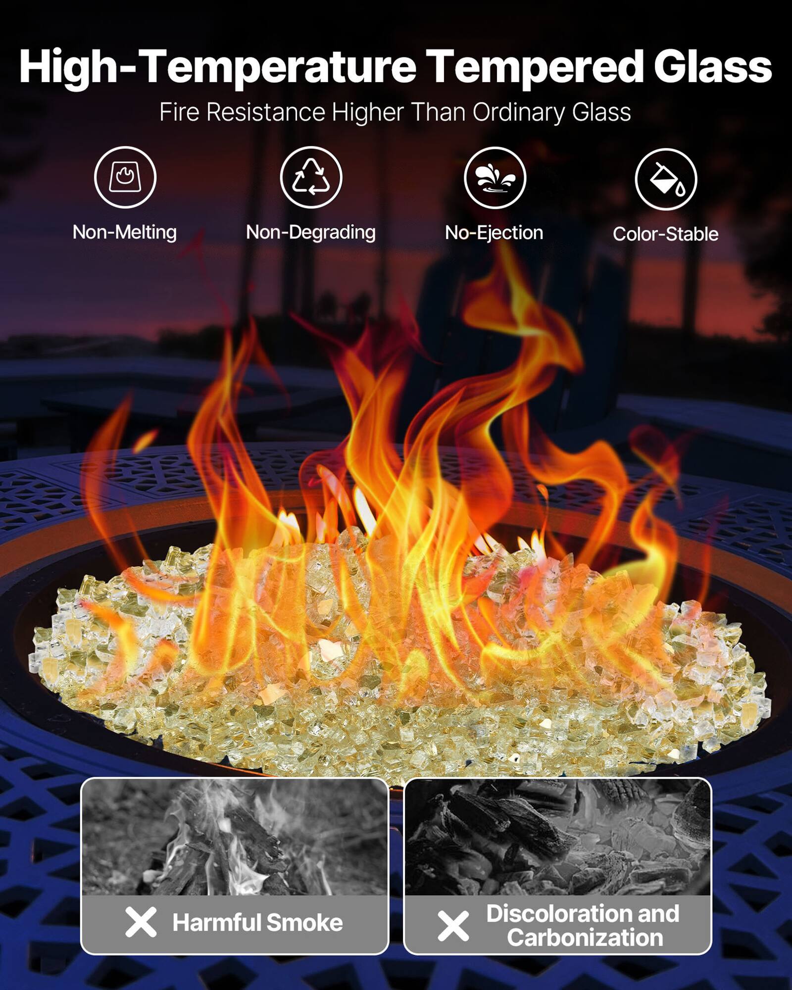 High-Temperature Tempered Glass  
Fire Resistance Higher Than Ordinary Glass  

- Non-Melting  
- Non-Degrading  
- No-Ejection  
- Color-Stable  

X Harmful Smoke  
X Discoloration and Carbonization