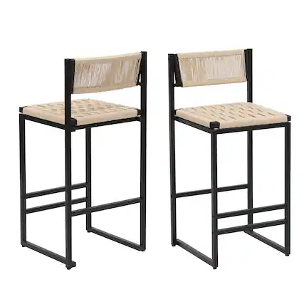 Front. Glintex - Set of 2 Woven Bar Stools with Backrest Paper Rope Weave Dining Chairs for Kitchen Island - Creamy White.