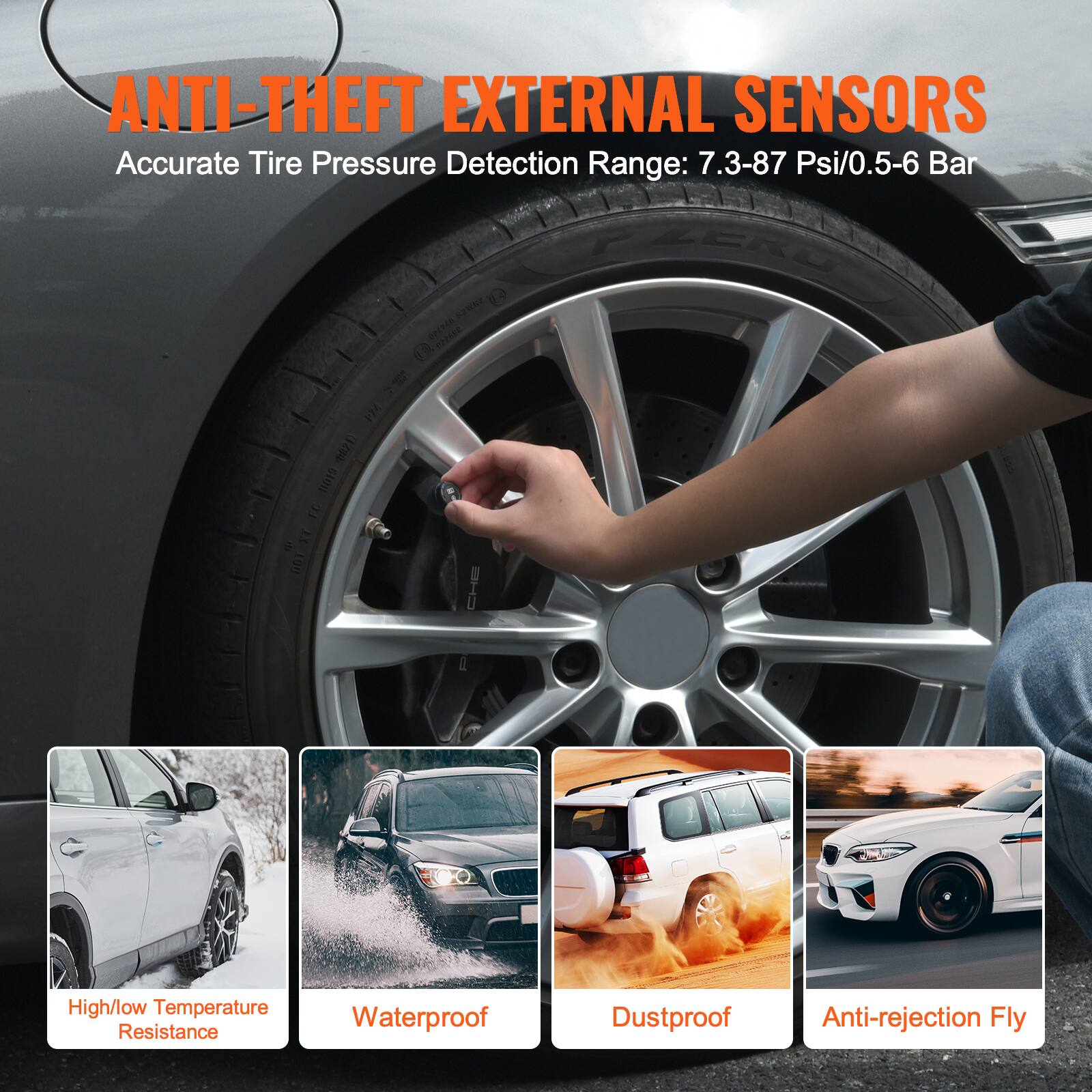 ANTI-THEFT EXTERNAL SENSORS  
Accurate Tire Pressure Detection Range: 7.3-87 Psi/0.5-6 Bar  

- High/low Temperature Resistance  
- Waterproof  
- Dustproof  
- Anti-rejection Fly