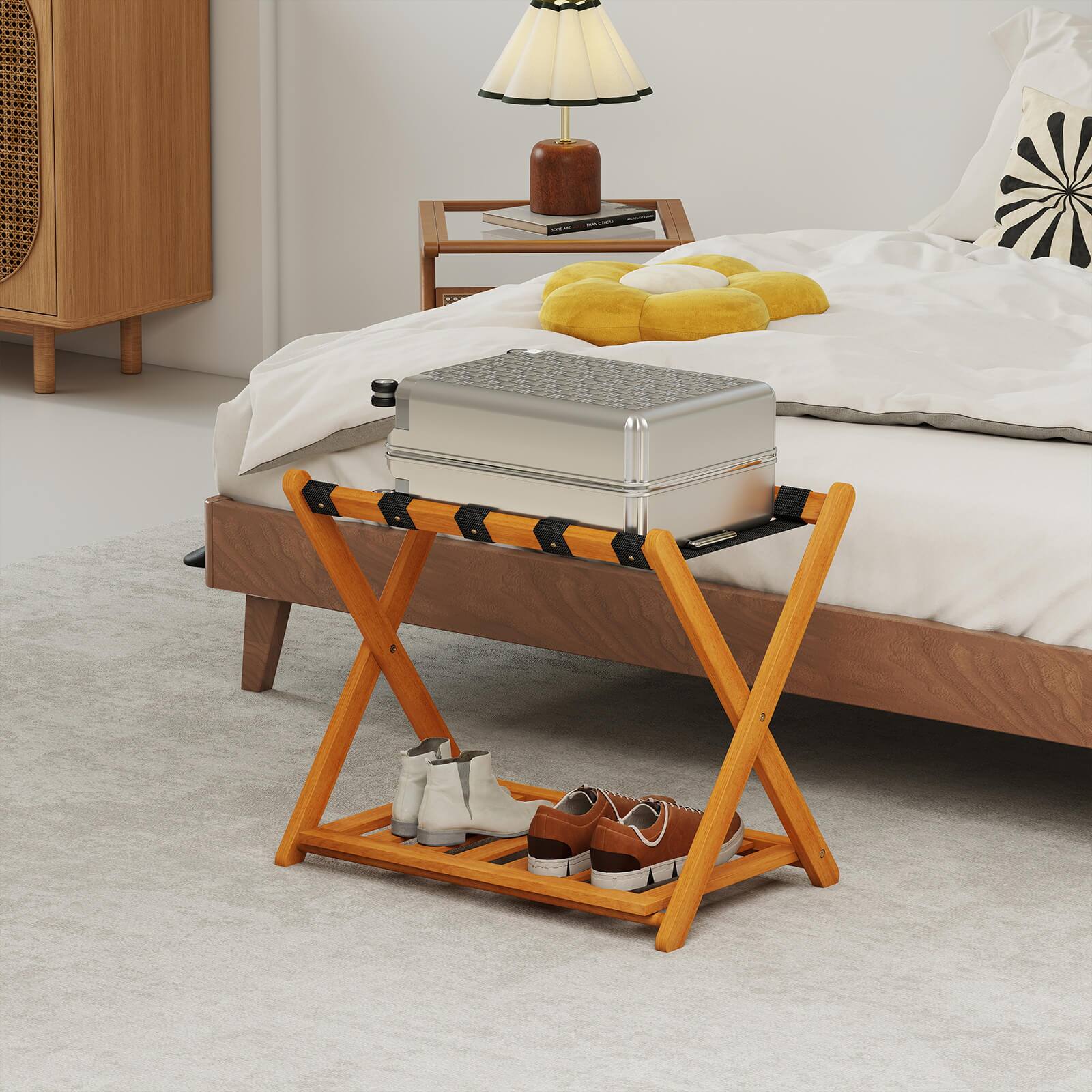 Alt View 1. Costway - Costway Folding Luggage Racks Set of 2 with Storage Shelf & 5 Nylon Straps Luggage Holder - Oak.