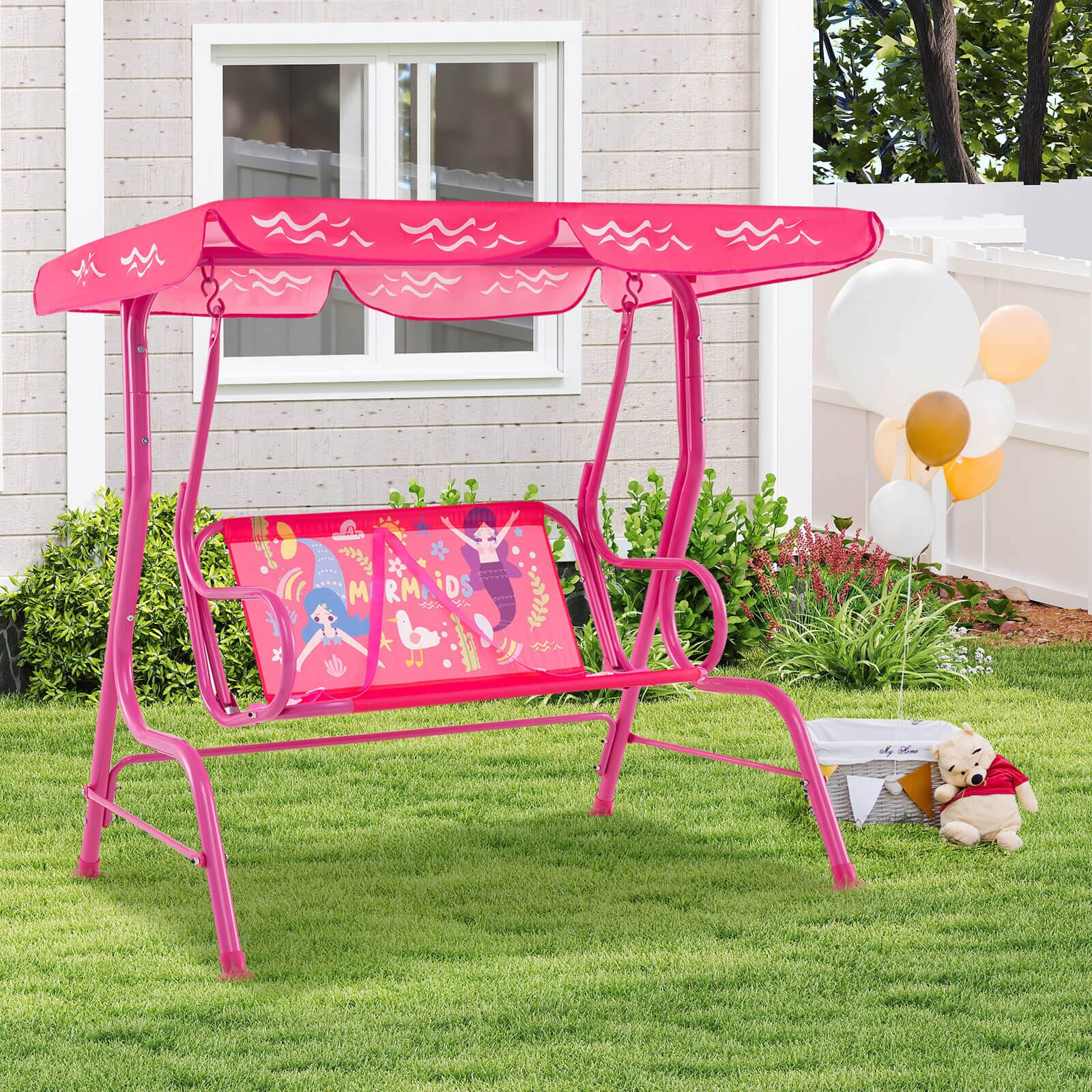 Alt View 3. Costway - Costway 2-Seater Toddler Porch Swing Chair with Metal Stand Adjustable Canopy Safety Belts - Pink.