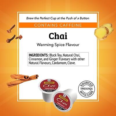Brew the Perfect Cup at the Push of a Button

CONTAINS CAFFEINE

Chai  
Warming Spice Flavour

INGREDIENTS: Black Tea, Natural Chai, Cinnamon, and Ginger Flavours with other Natural Flavours, Cardamom, Clove.

TWININGS Chai

SOURCED WITH CARE