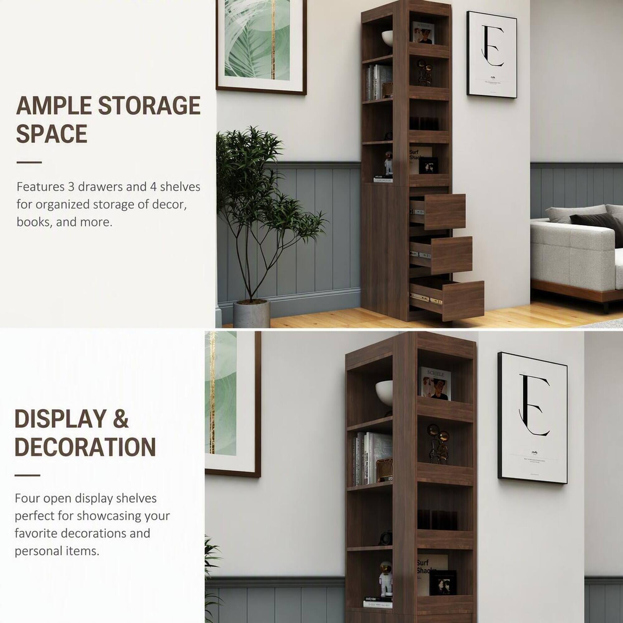 AMPLE STORAGE SPACE

Features 3 drawers and 4 shelves for organized storage of decor, books, and more.

DISPLAY & DECORATION

Four open display shelves perfect for showcasing your favorite decorations and personal items.
