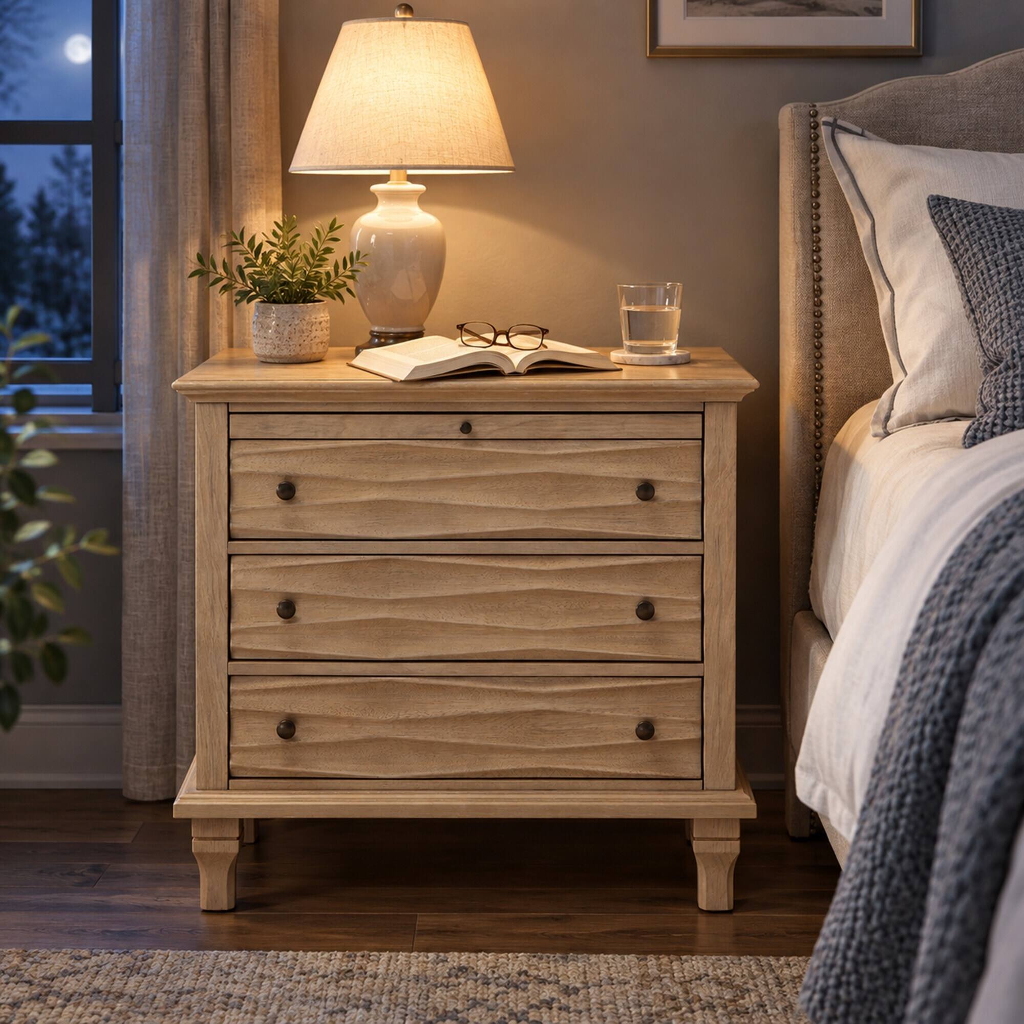 Back. RYHNUYNE - 3 Drawer Nightstand with Charging Station, 28.25 in Wide Bedside Table, Walnut Finish, USB and Type-C Ports - Natural.