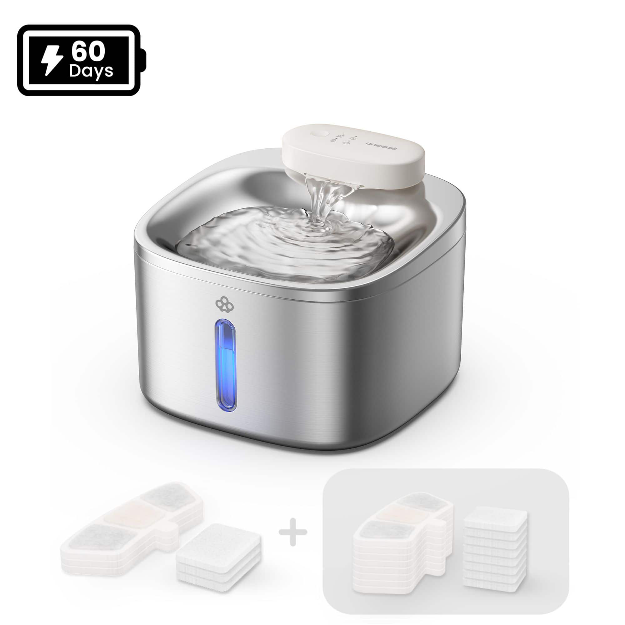 Oneisall - 3.5L 118oz Wireless Automatic Cat Water Fountain Food Grade Motion Sensor with 11 Filters - Stainless Steel