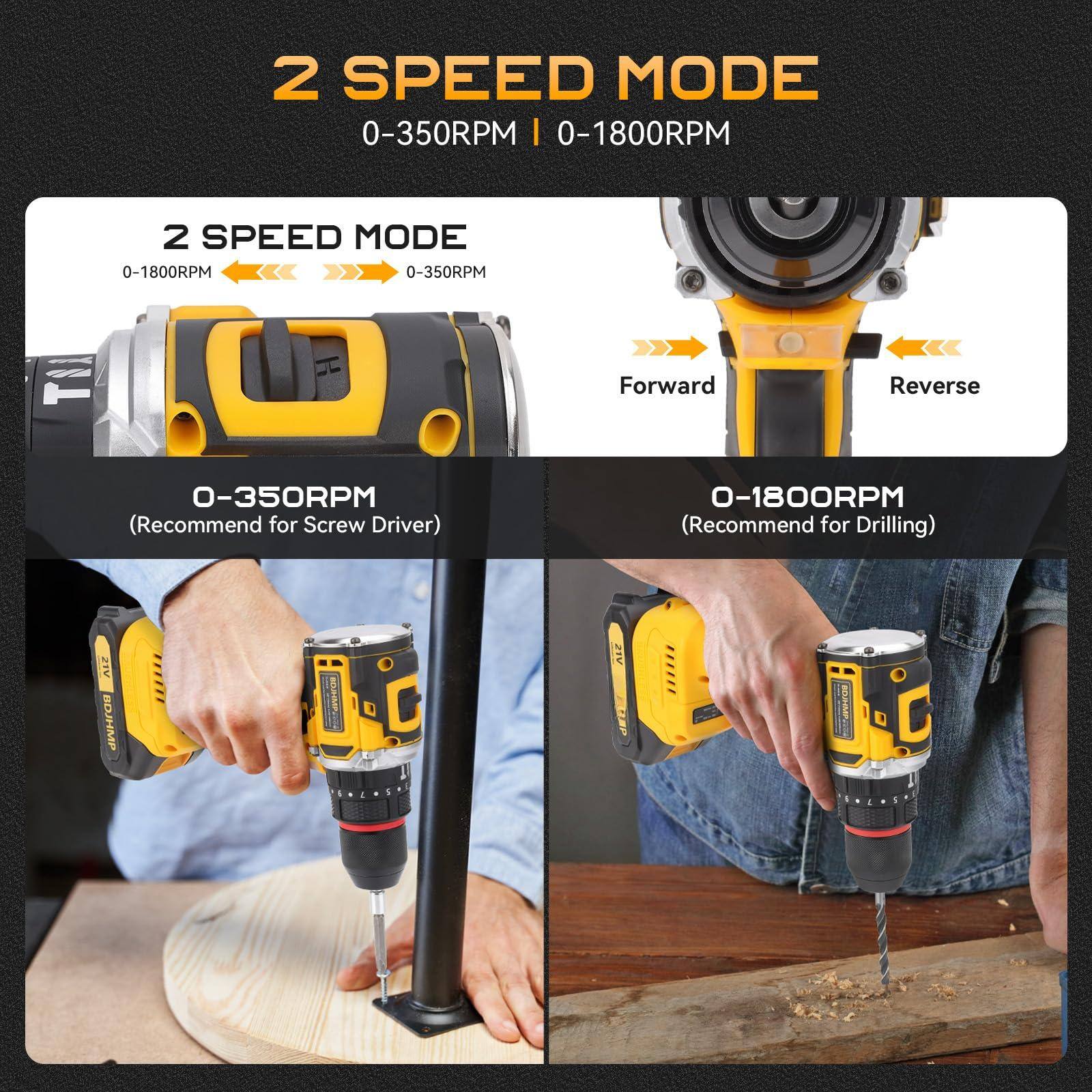 2 SPEED MODE  
0-350RPM | 0-1800RPM  

2 SPEED MODE  
0-1800RPM  
0-350RPM  

Forward Reverse  

0-350RPM  
(Recommend for Screw Driver)  

0-1800RPM  
(Recommend for Drilling)  

2 SPEED MODE  
0-350RPM | 0-1800RPM  

2 SPEED MODE  
0-1800RPM  
0-350RPM  

Forward  
Reverse  

0-350RPM  
(Recommend for Screw Driver)  

0-1800RPM  
(Recommend for Drilling)