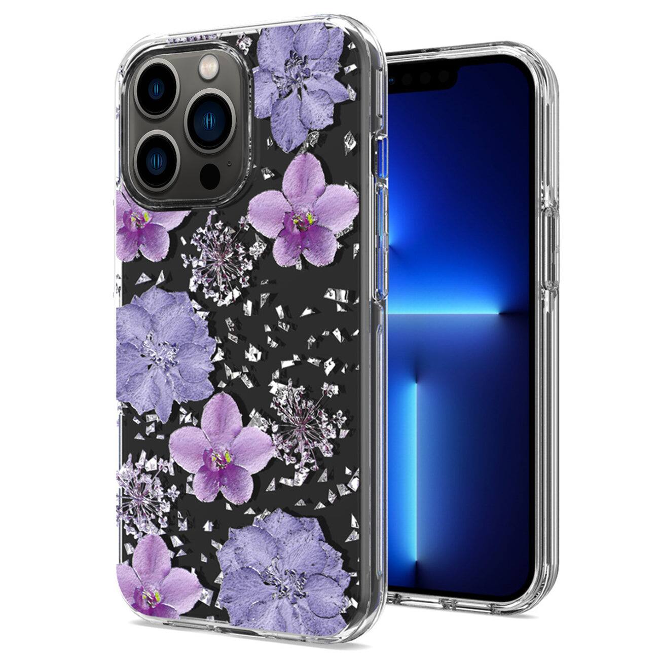 Front. Reiko - Pressed Dried Flower Design Phone Case For Iphone 13 Pro Max In Purple - Purple.