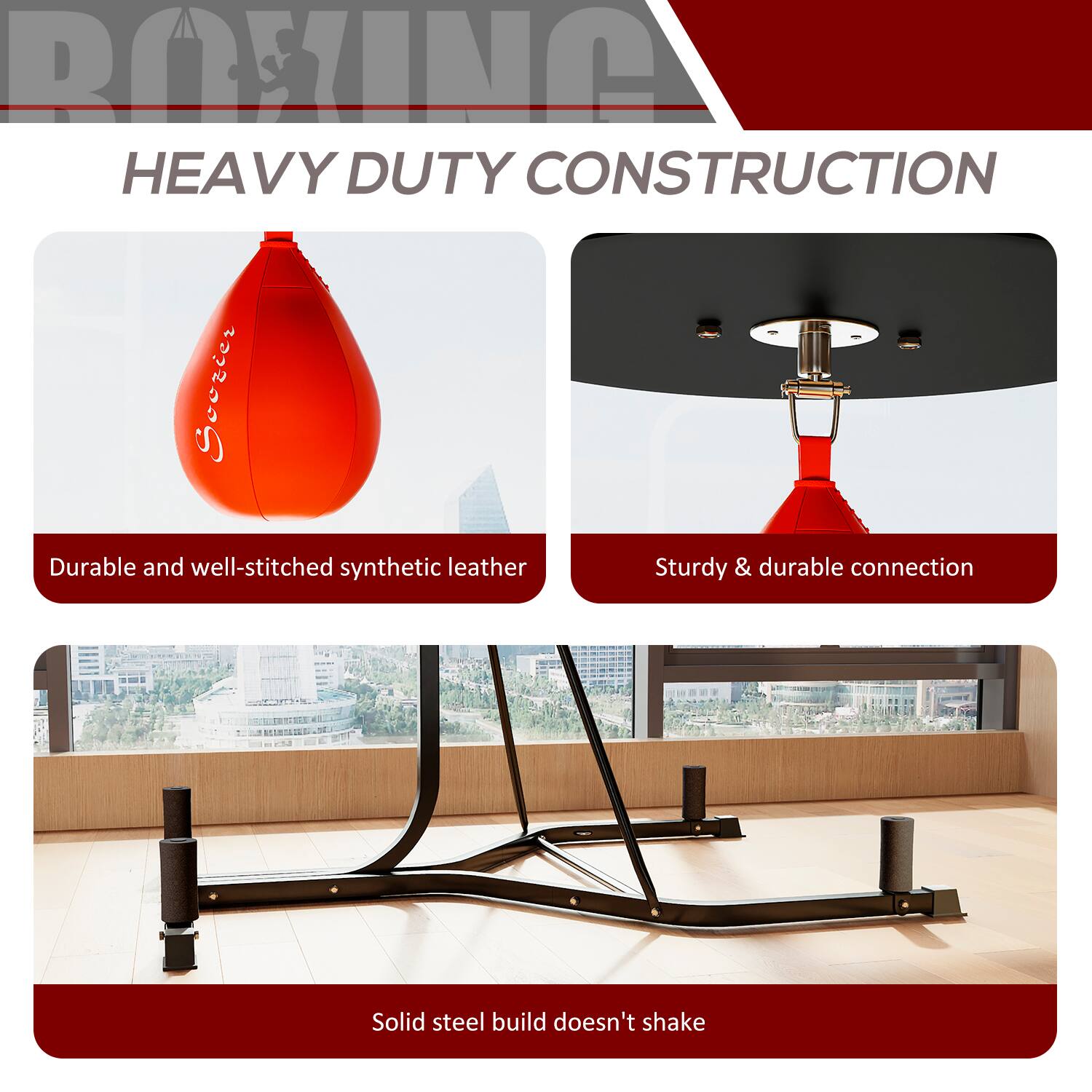 HEAVY DUTY CONSTRUCTION

- Durable and well-stitched synthetic leather
- Sturdy & durable connection
- Solid steel build doesn't shake