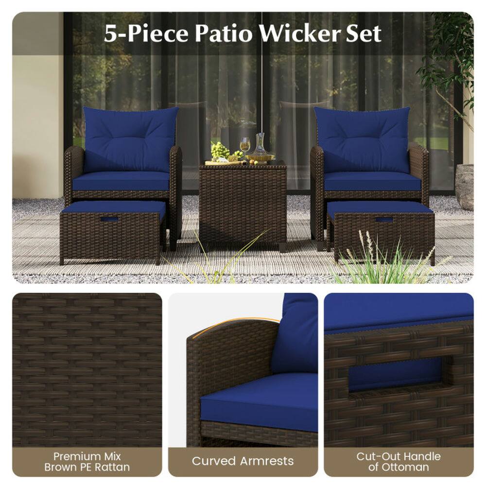 5-Piece Patio Wicker Set

Premium Mix Brown PE Rattan

Curved Armrests

Cut-Out Handle of Ottoman